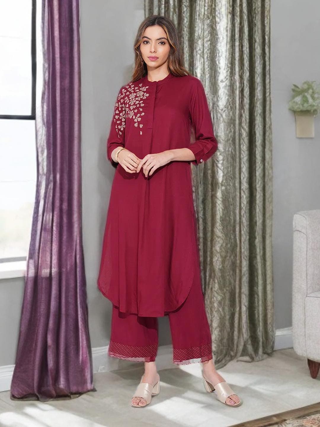 Maroon Kurta Embroidered Indian Festive Wear - image 4
