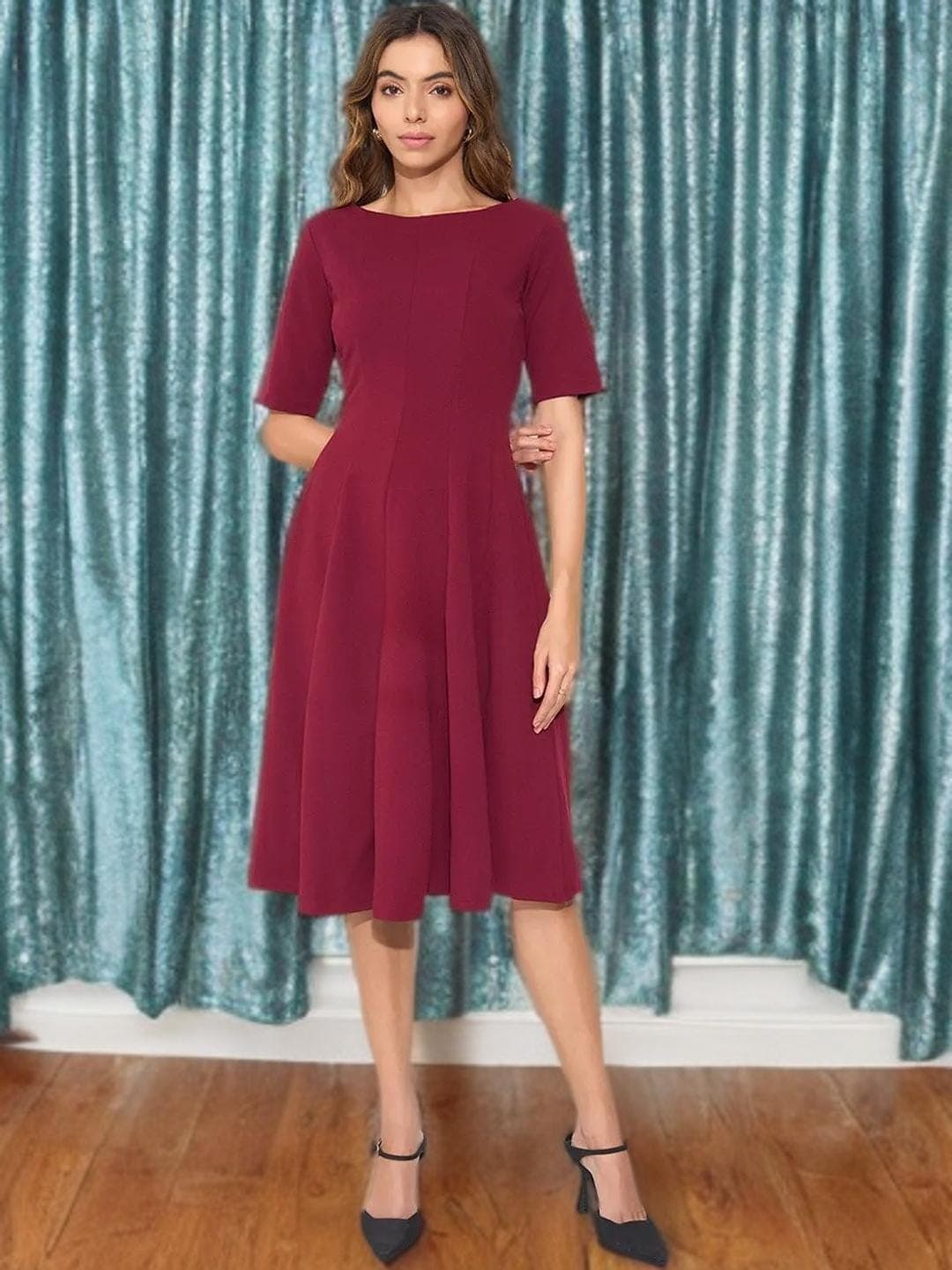 Maroon Midi Dress Belted Detail Wedding Guest - image 4