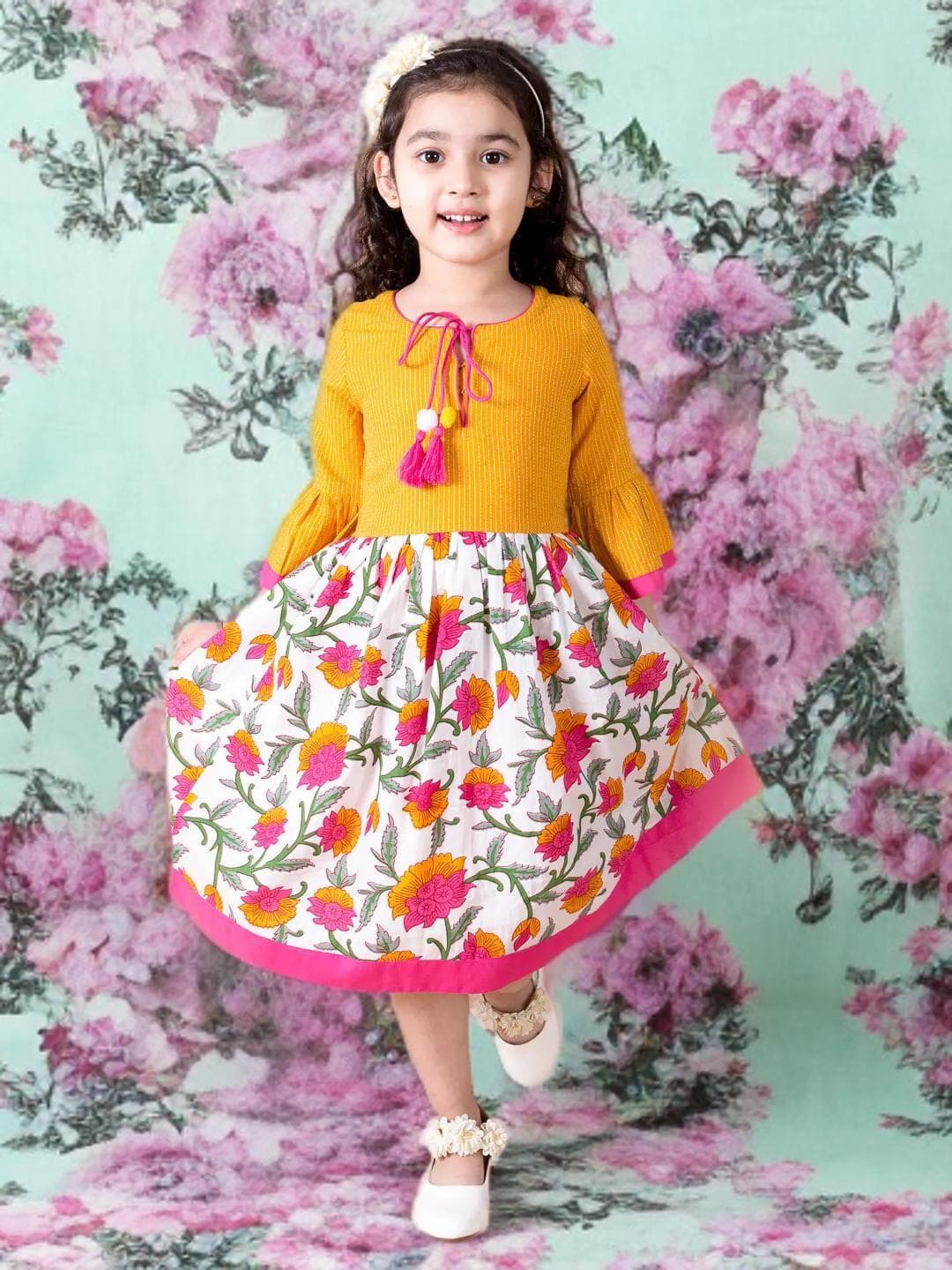 Girls Yellow Floral Dress | Tie Up Neck Cotton Fit Flare