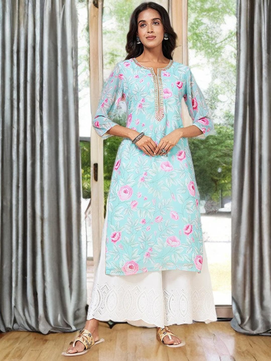 White Palazzos Indian Ethnic Floral Hem - image 4