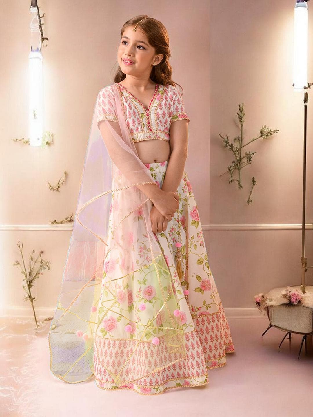 Girls Off White Lehenga | Pink Print Cotton Festive Set - image 2