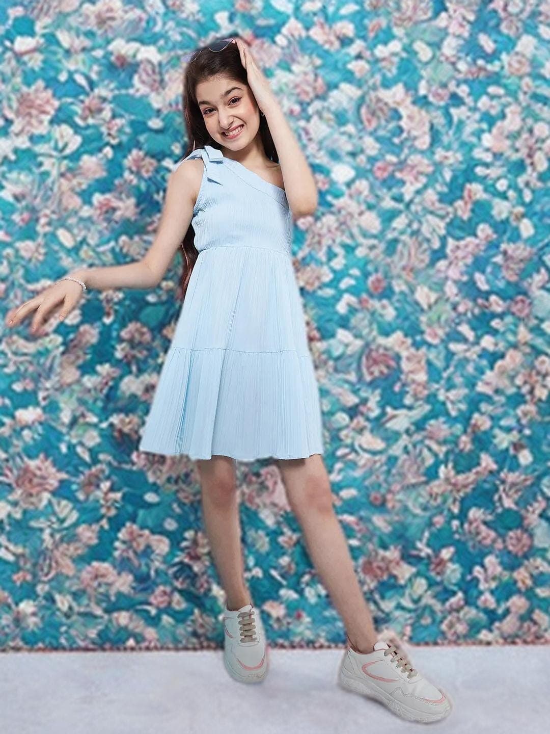 Girls One Shoulder Dress | Blue Striped Crepe Party - image 3