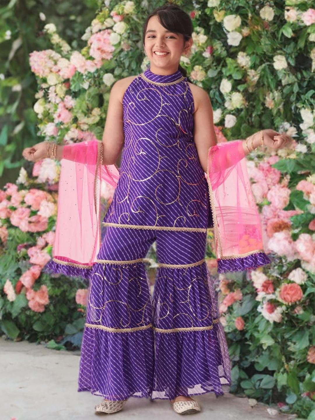 Girls Tiered Sharara Set | Purple Georgette Wedding Outfit