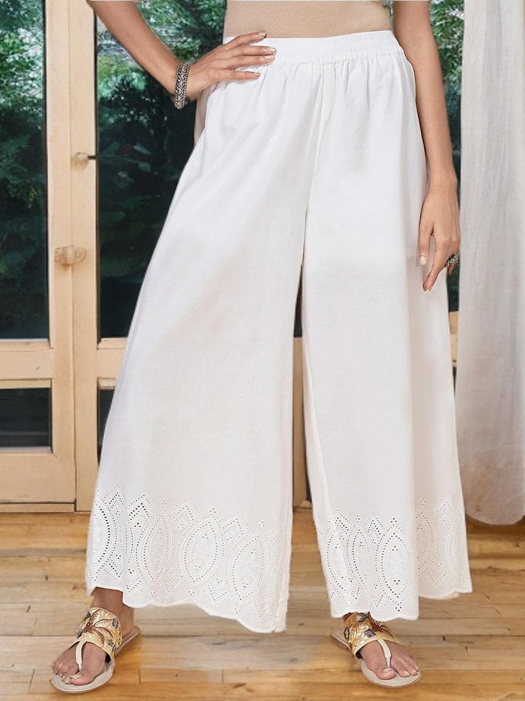 White Palazzos Indian Ethnic Floral Hem
