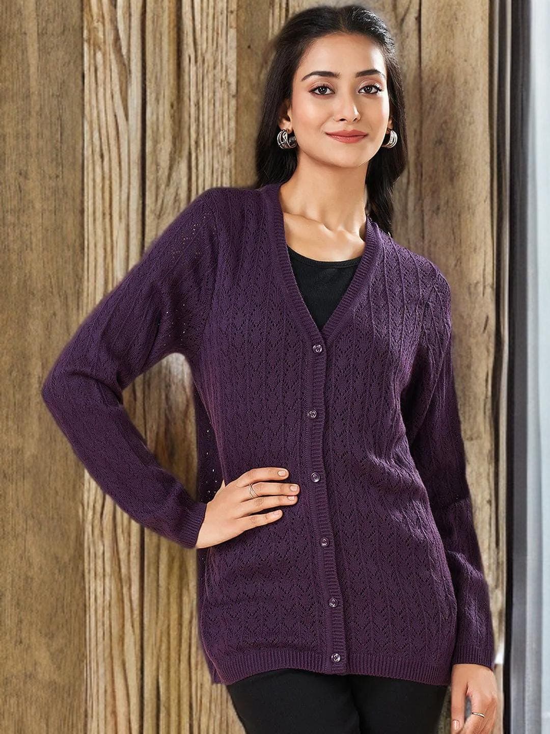 Purple Cardigan Womens Knitwear Button Front Wrap
