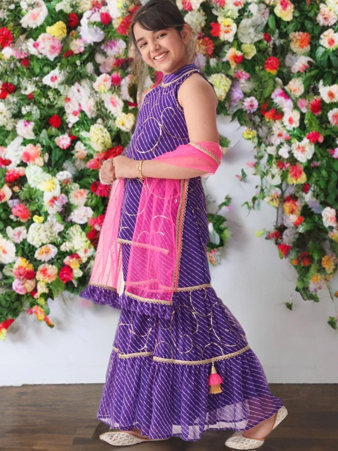 Girls Tiered Sharara Set | Purple Georgette Wedding Outfit - image 3