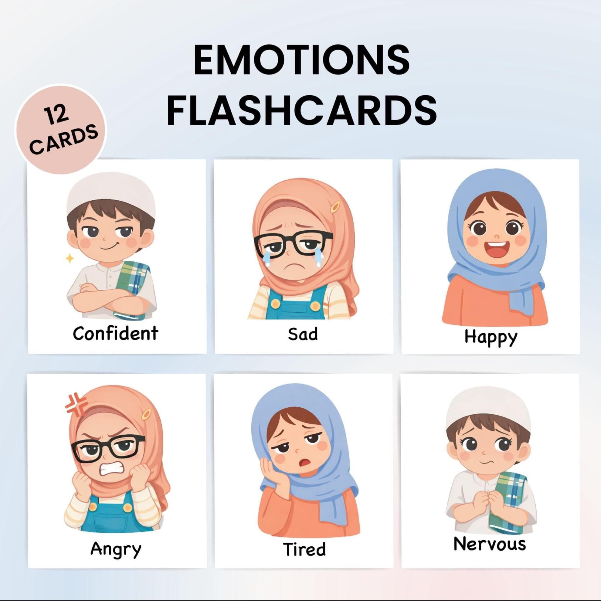Emotion Flashcards for Kids – Muslim Friendly Illustration | 12 Feelings + My Emotion Pages