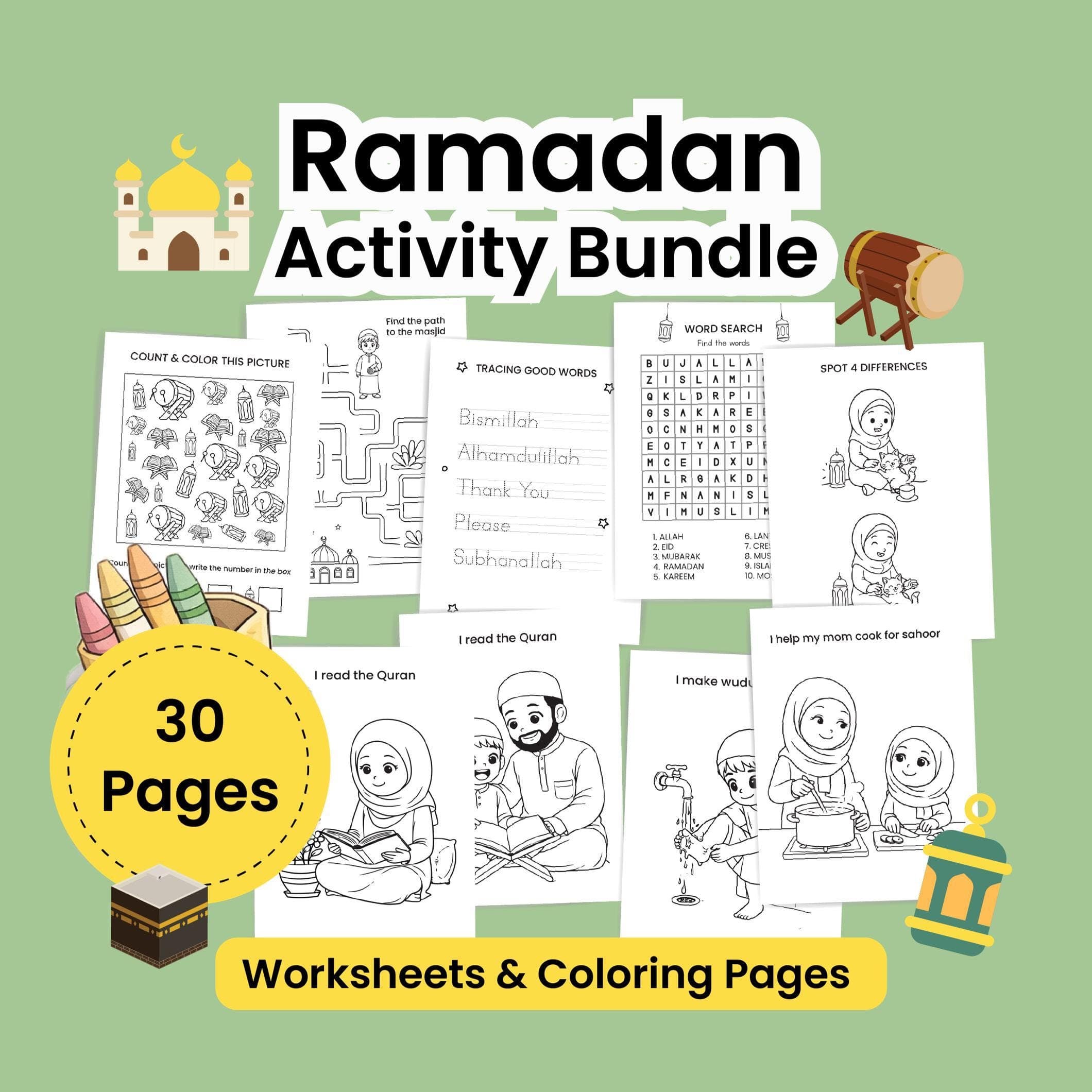 Ramadan Activity Bundle for Kids | Islamic Worksheets & Coloring Pages | Muslim Printable Learning Pack