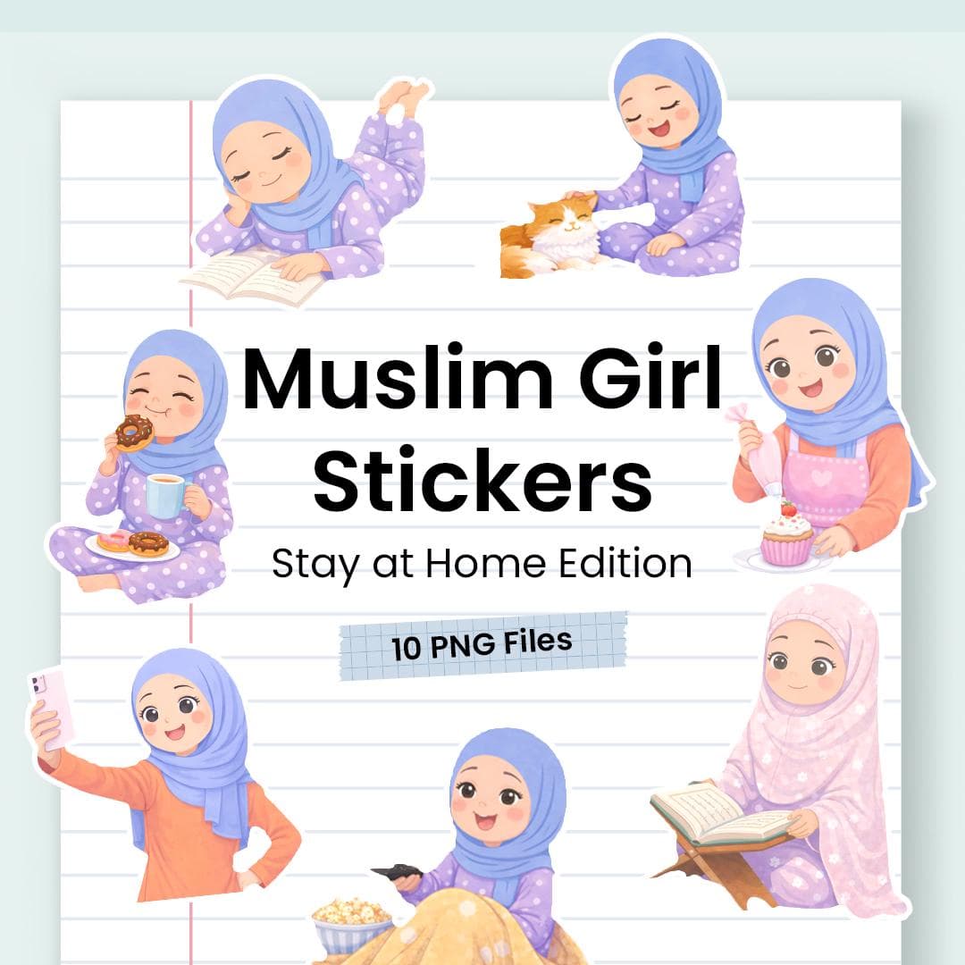 10 Muslim Hijabi Girl Clipart | Sticker PNG Bundle | Activity at Home Edition