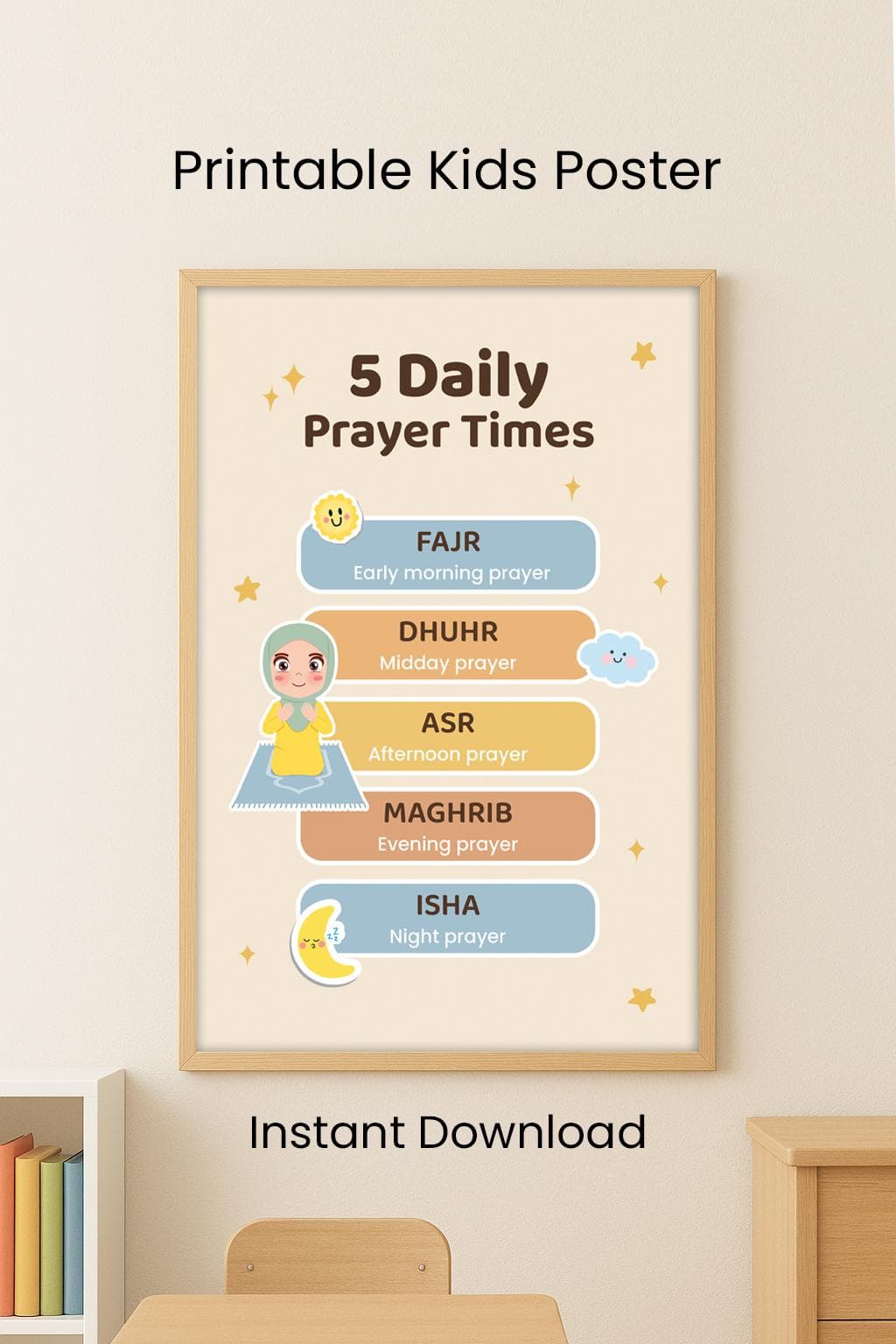 Islamic Kids Poster | 5 Daily Prayer Times Poster | Islamic Educational Print (Digital Download)