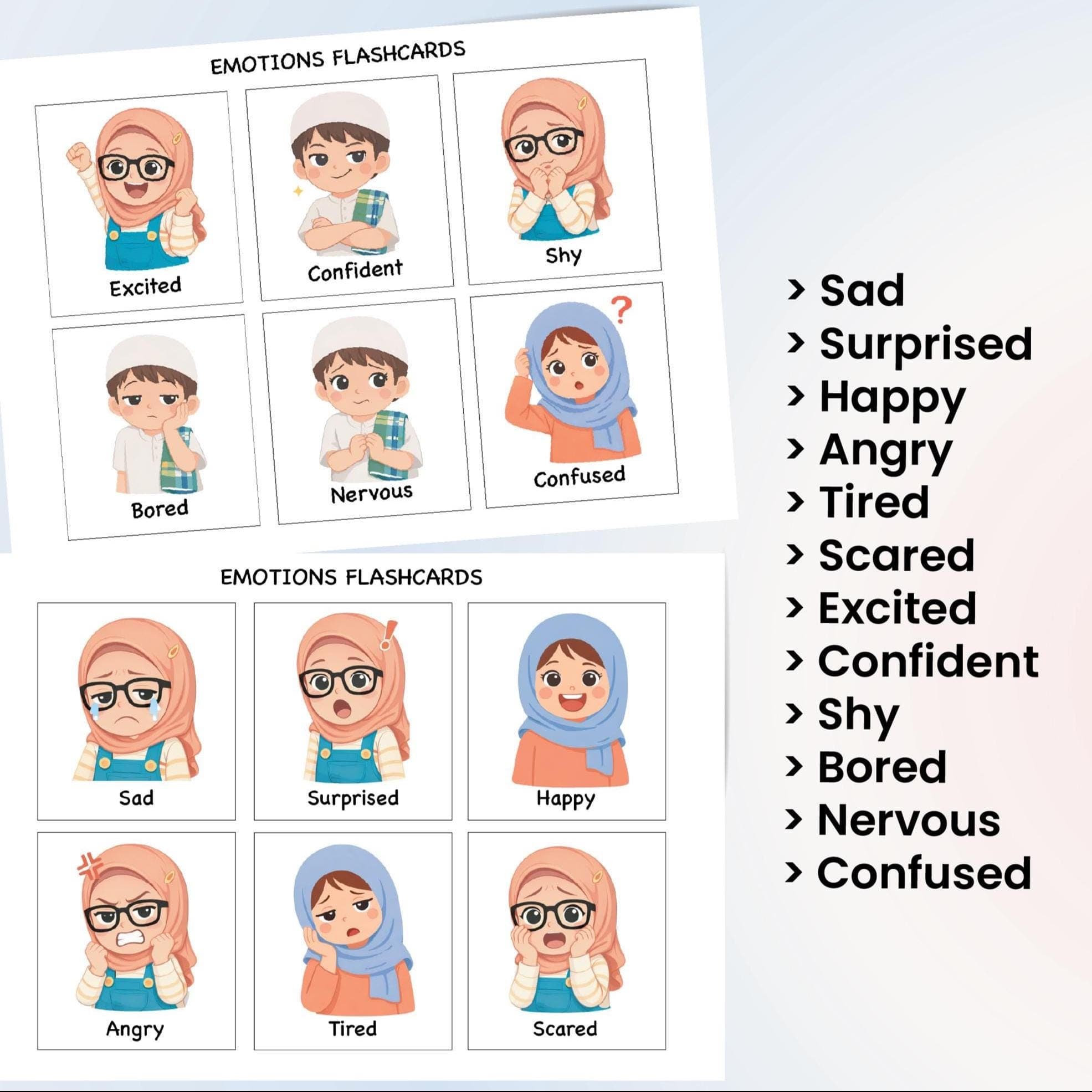 Emotion Flashcards for Kids β Muslim Friendly Illustration | 12 Feelings + My Emotion Pages - image 3