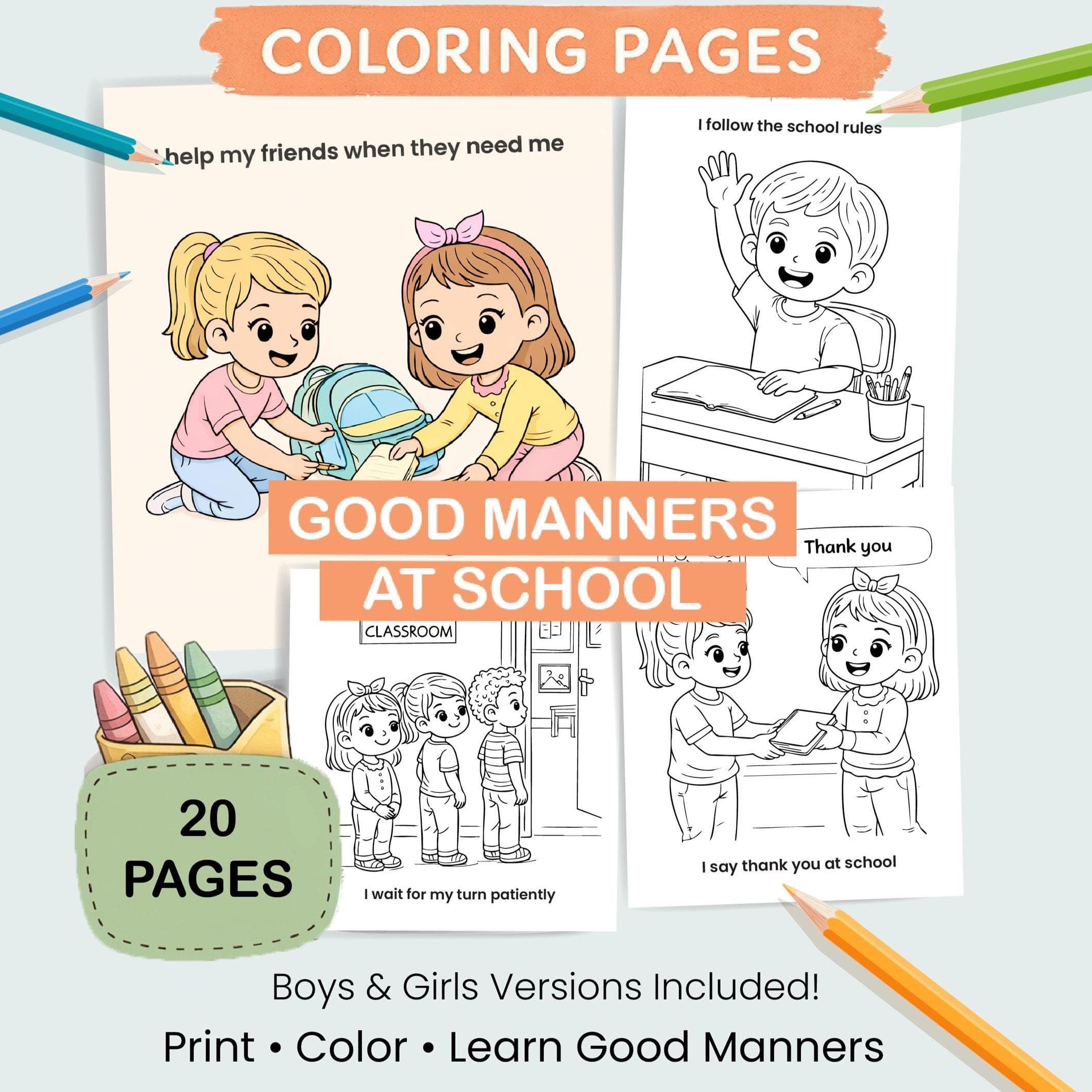 Good Manners at School Coloring Pages | Coloring Book for Kids | Educational Worksheets