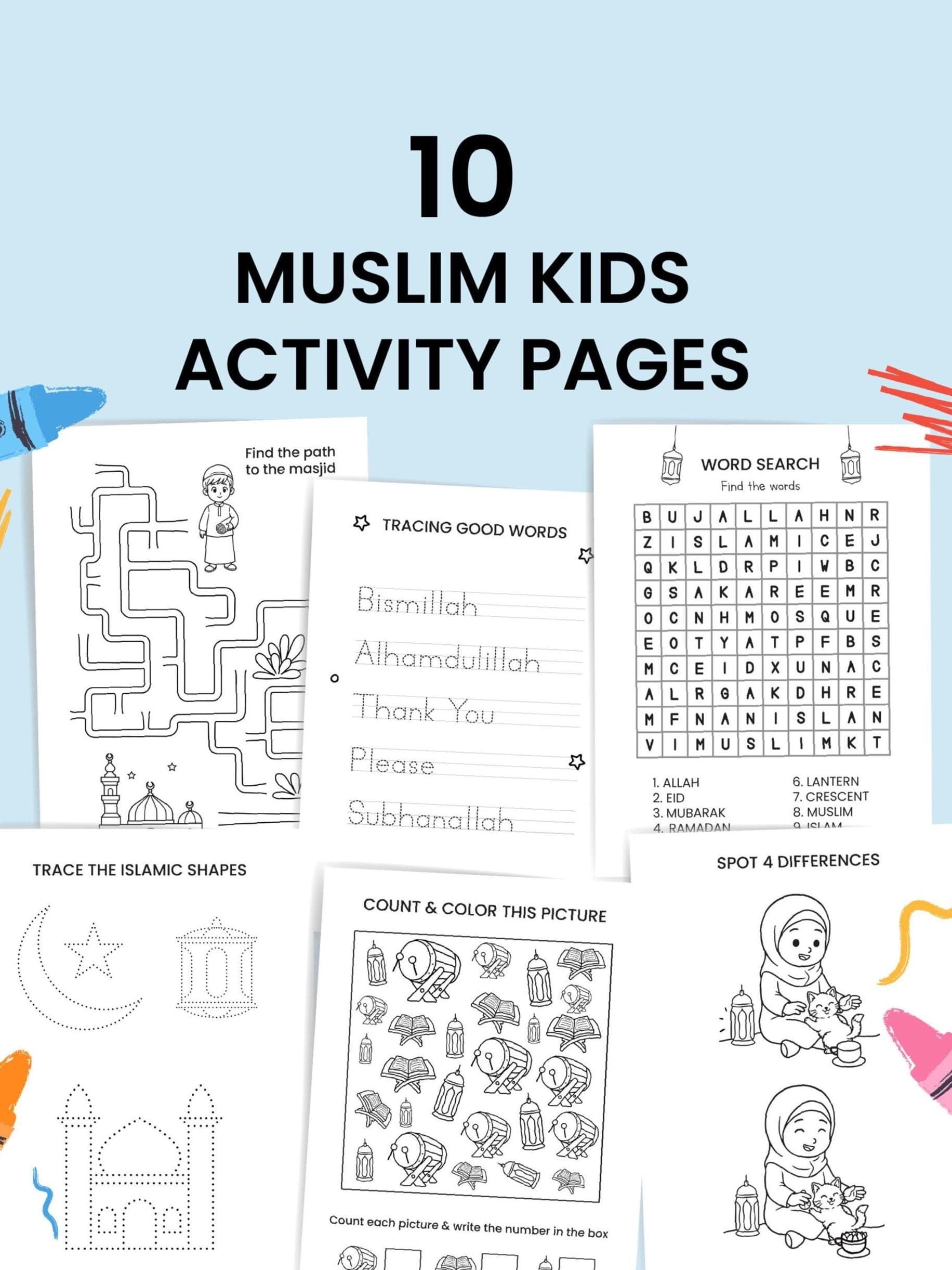 10 Islamic Kids Activity Printable Pages. Preschool Worksheet.