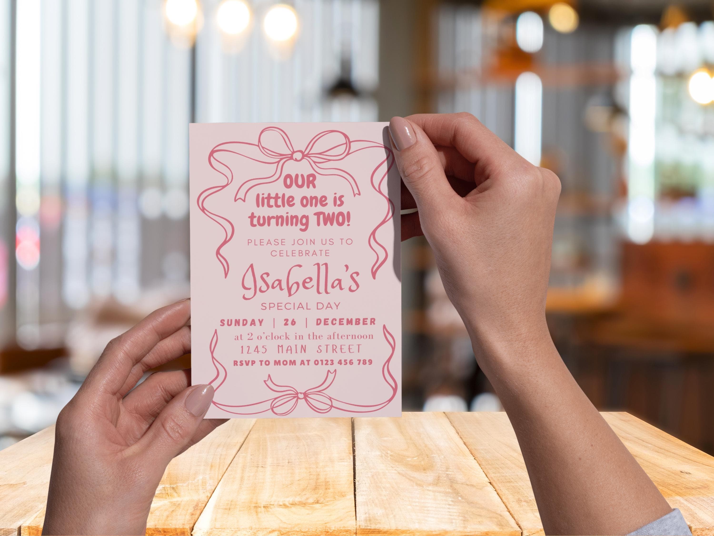 Bow Birthday Invitation Template, Editable Coquette Pink Girly Bow Second Birthday Party Invite, Baby Girl, Digital Download