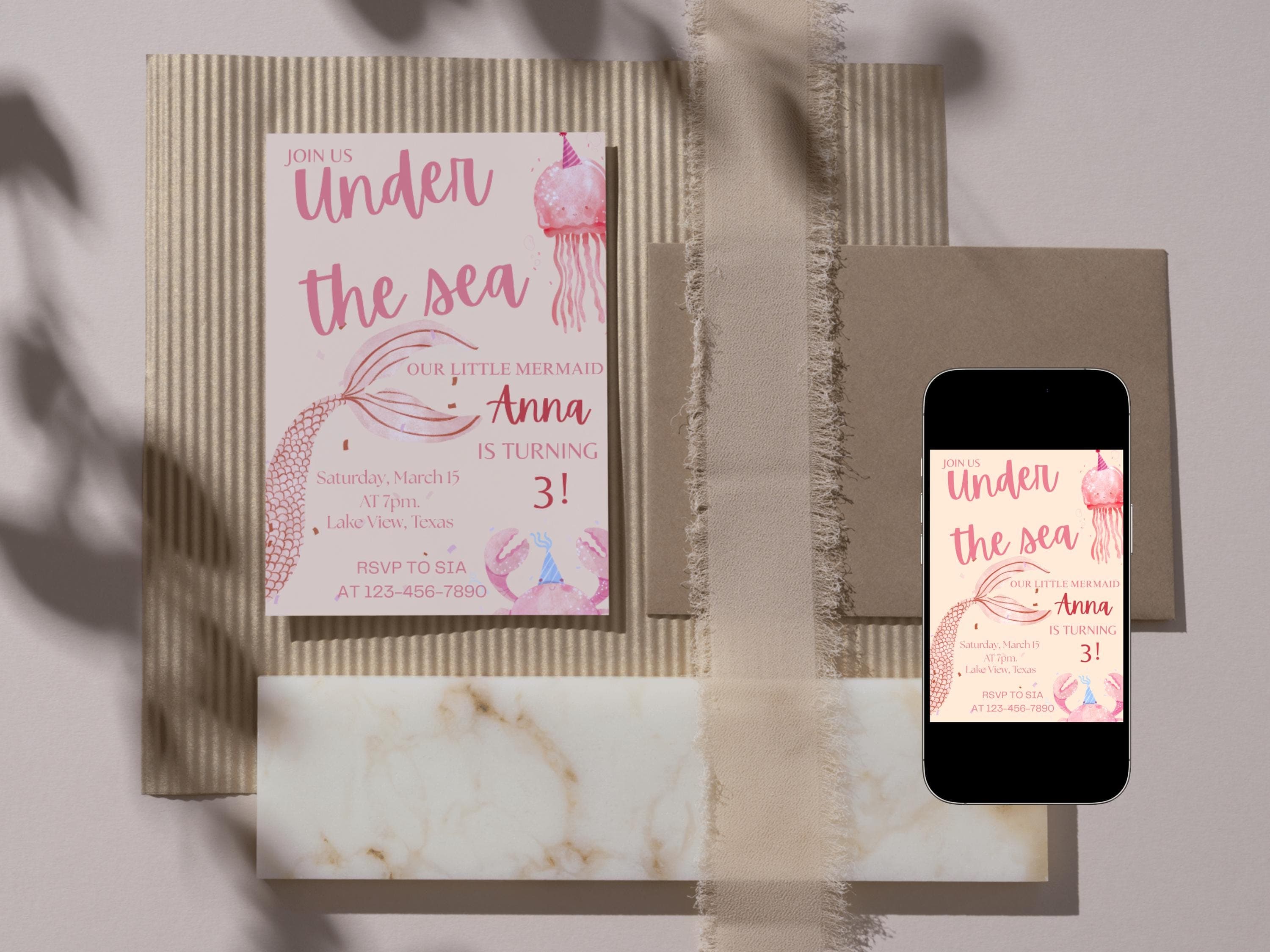 Mermaid Birthday Invitation, Under the Sea Editable Template, Digital Download, Mermaid 3rd Birthday Girl, Mermaid Party Peach Pink Invite - image 4