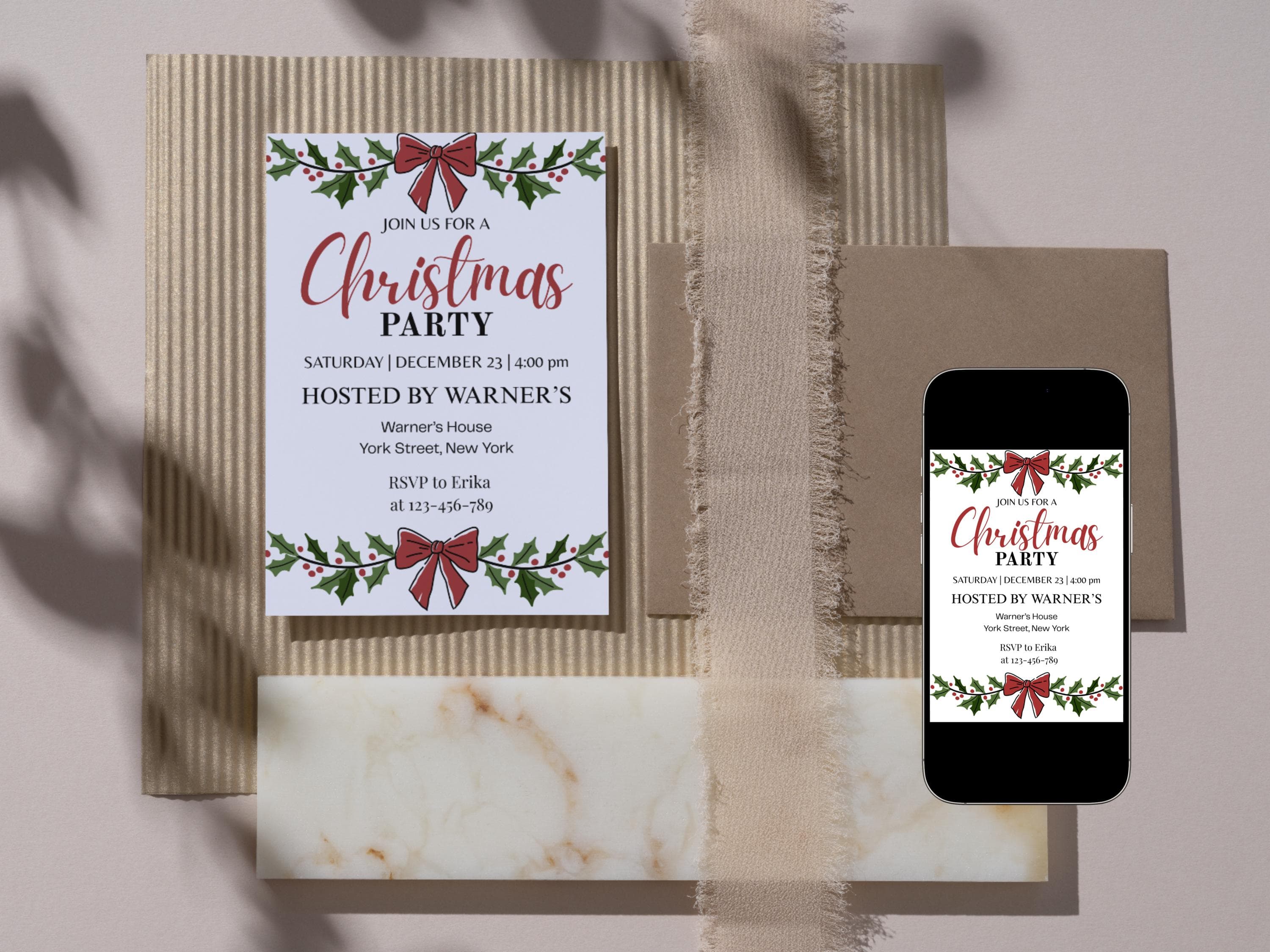 Christmas Party Invitation Template, Elegant Invite Canva, Minimalist Greenery Bow, Editable Printable Digital Download