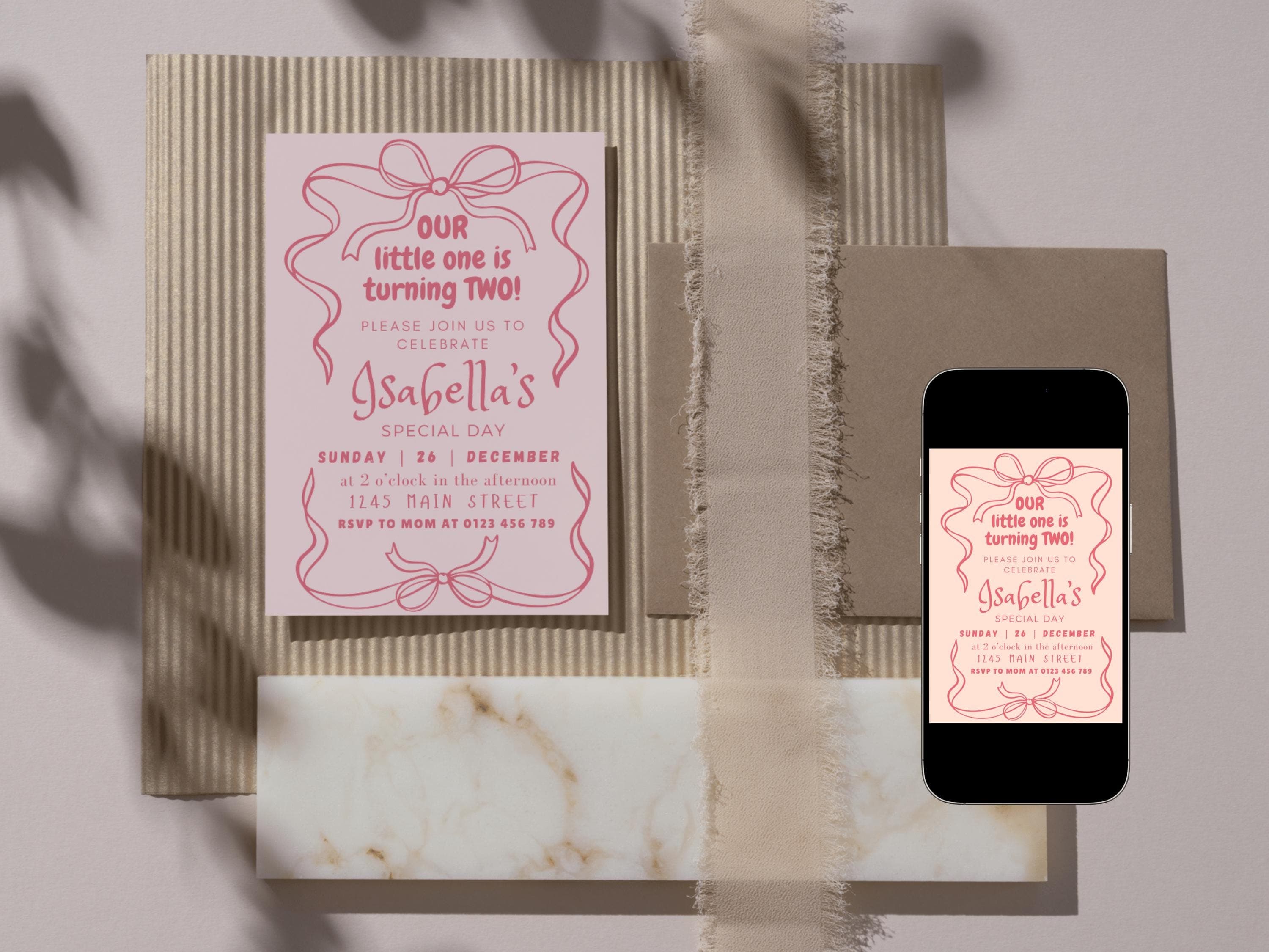 Bow Birthday Invitation Template, Editable Coquette Pink Girly Bow Second Birthday Party Invite, Baby Girl, Digital Download - image 5