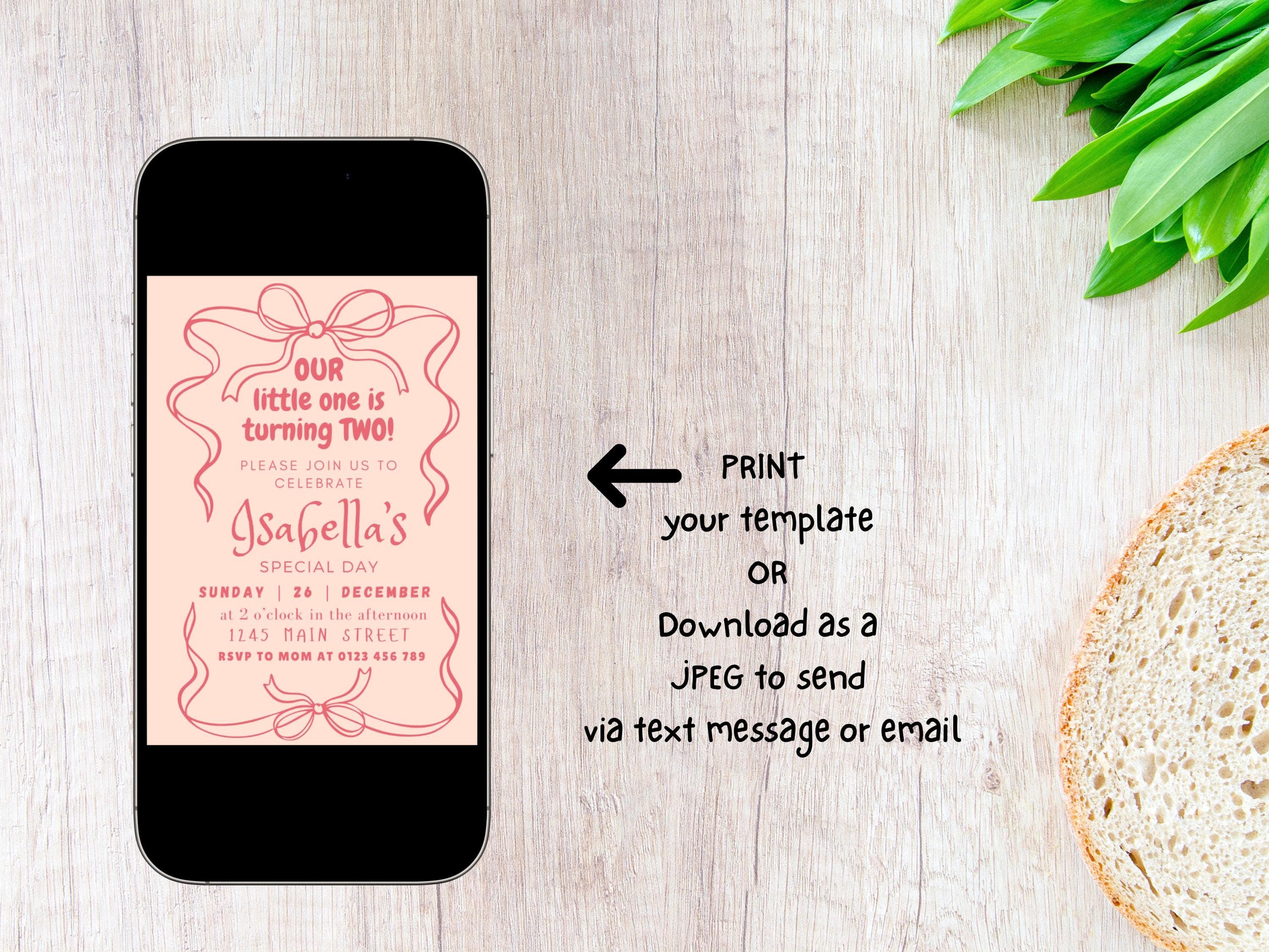 Bow Birthday Invitation Template, Editable Coquette Pink Girly Bow Second Birthday Party Invite, Baby Girl, Digital Download - image 3