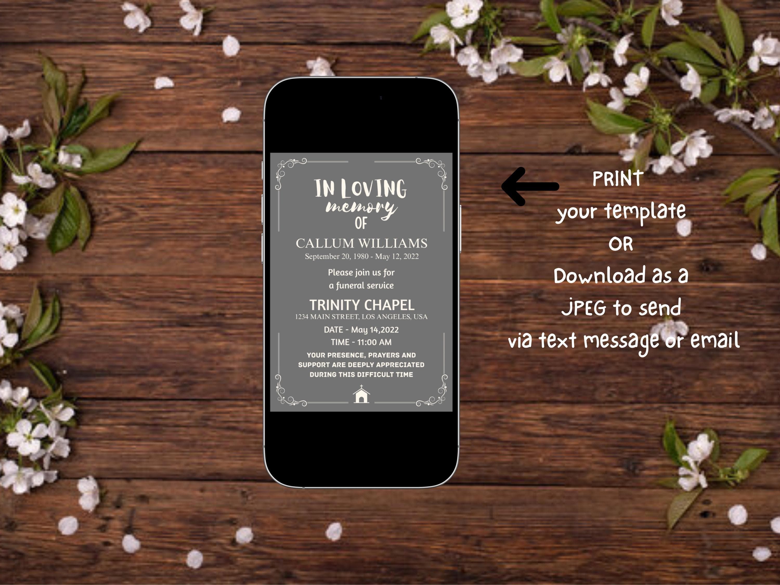 Minimal Editable Funeral Invitation Template, death announcement, celebration of life. (Digital download) - image 3