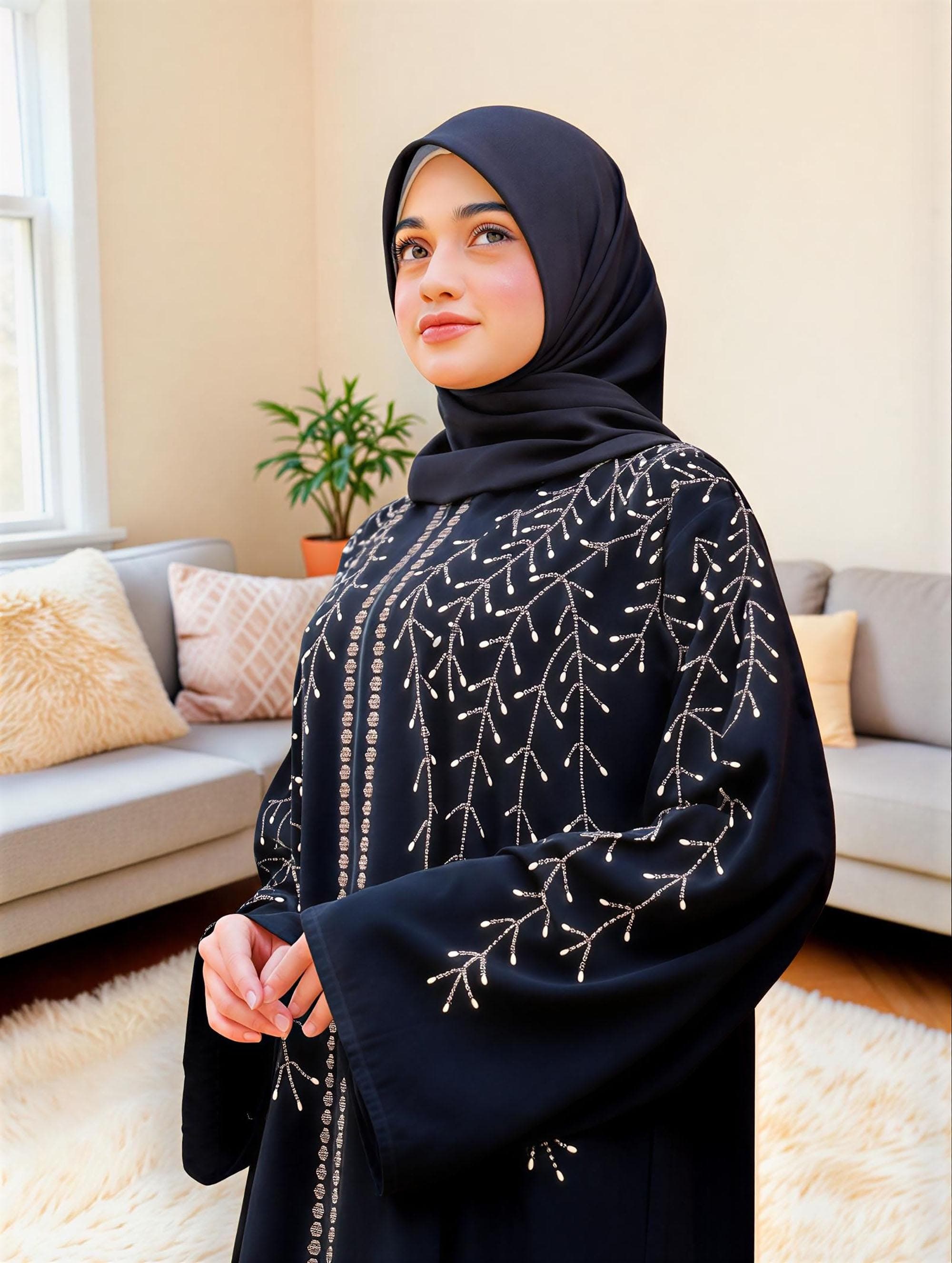 Jetblack Abaya with Beads – Hand-Stitched Turkish Dubai Kaftan Evening Gown