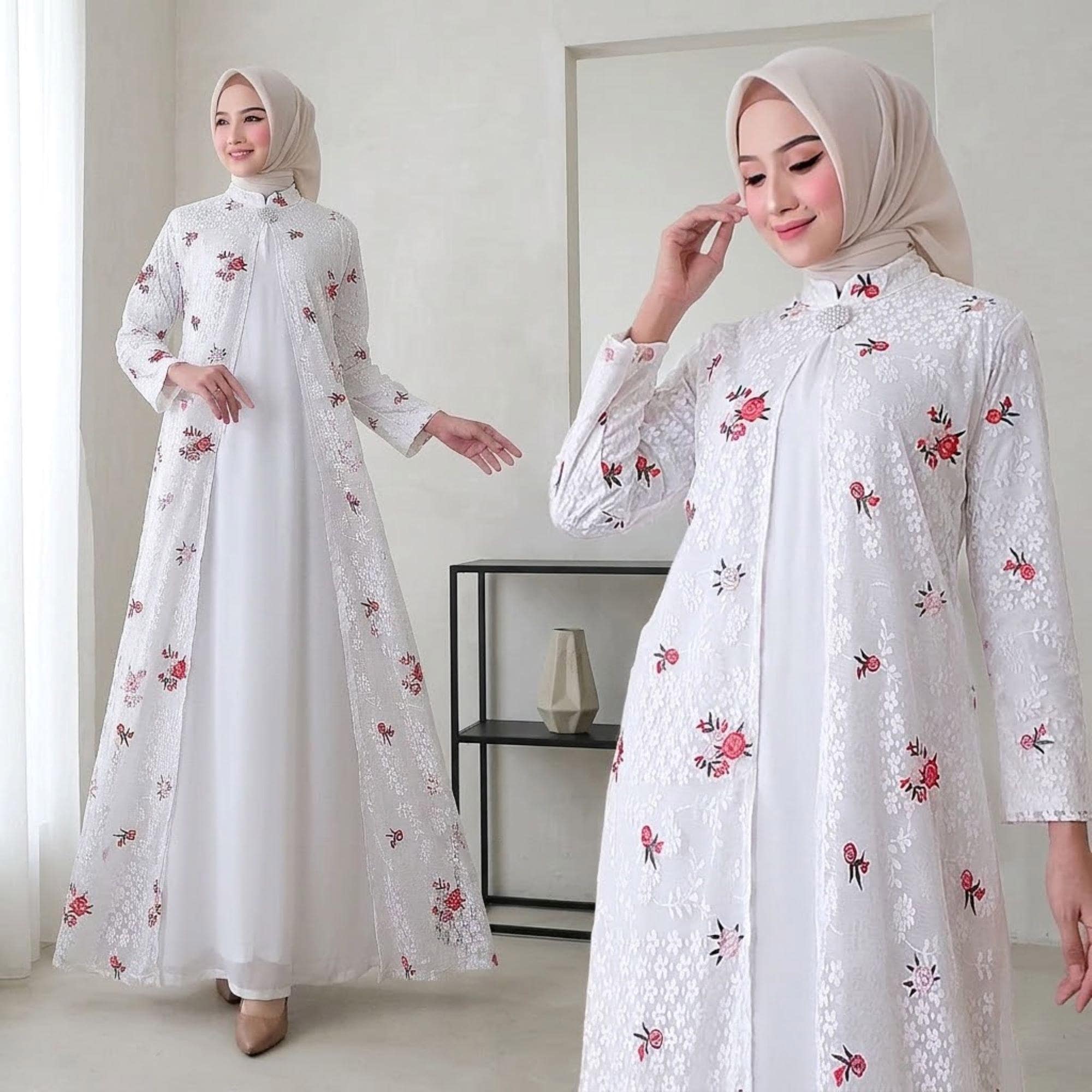 White Lace Kaftan Dress – Floral Embroidery, Modest Abaya, Eid Prayer Garment - image 5