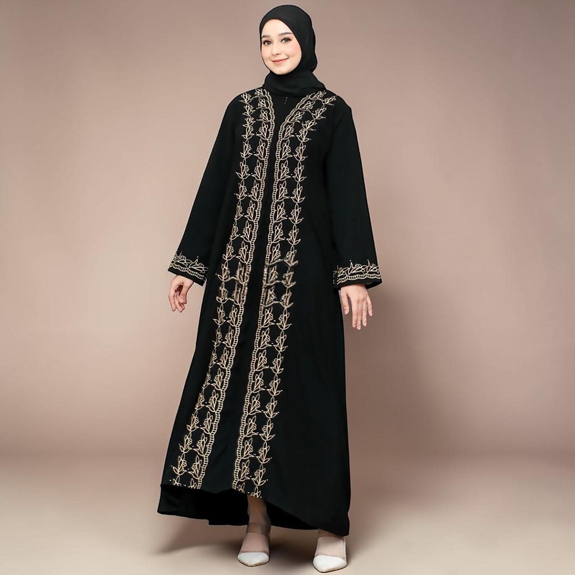 Embroidered Jetblack Abaya, Turkey Style Dubai Kaftan, Modest Islamic Dress - image 4