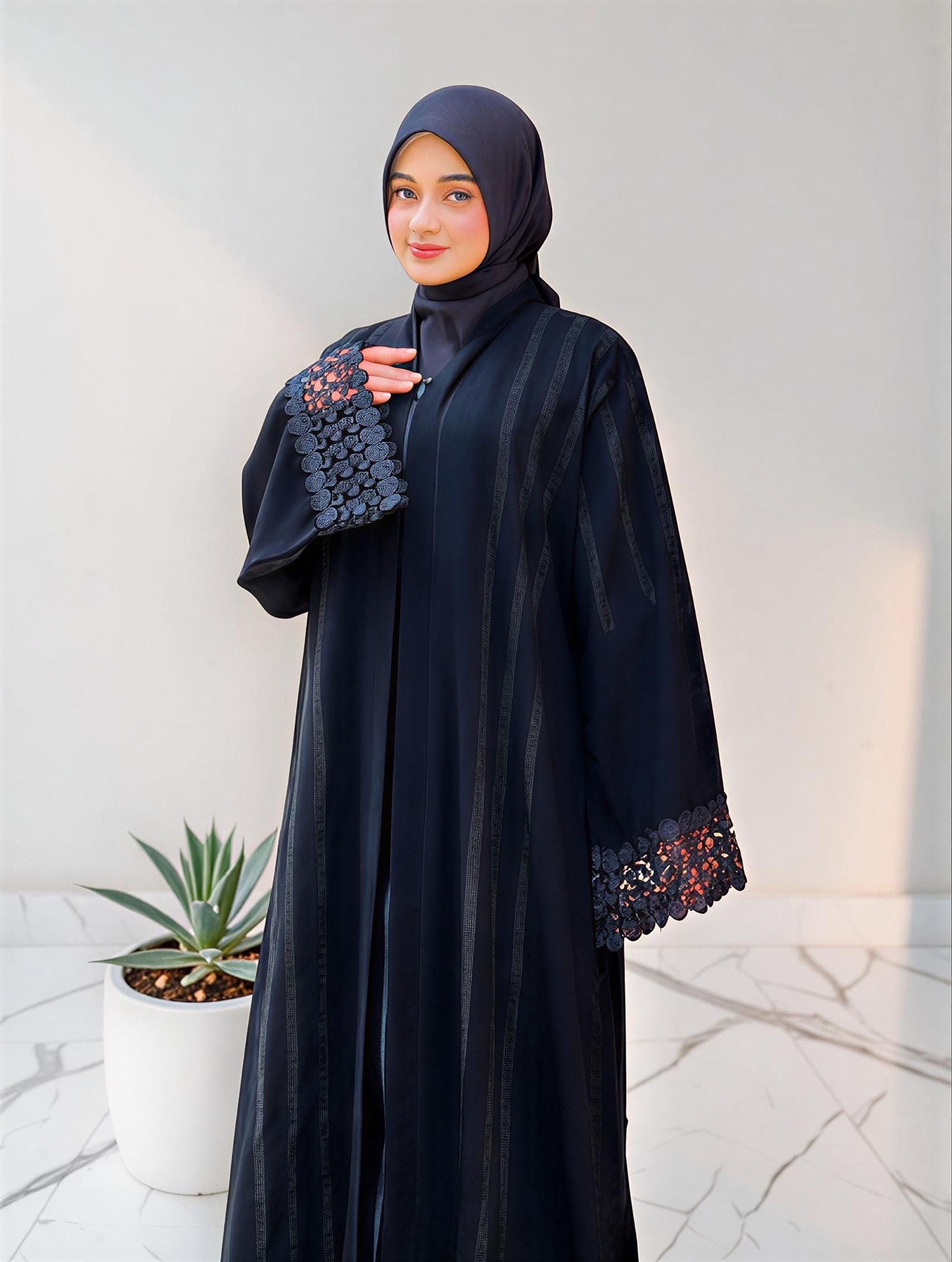 Elegant Jetblack Abaya Dress – Lace Sleeves, Rhinestone Embellishment, Dubai Style Kaftan - image 4