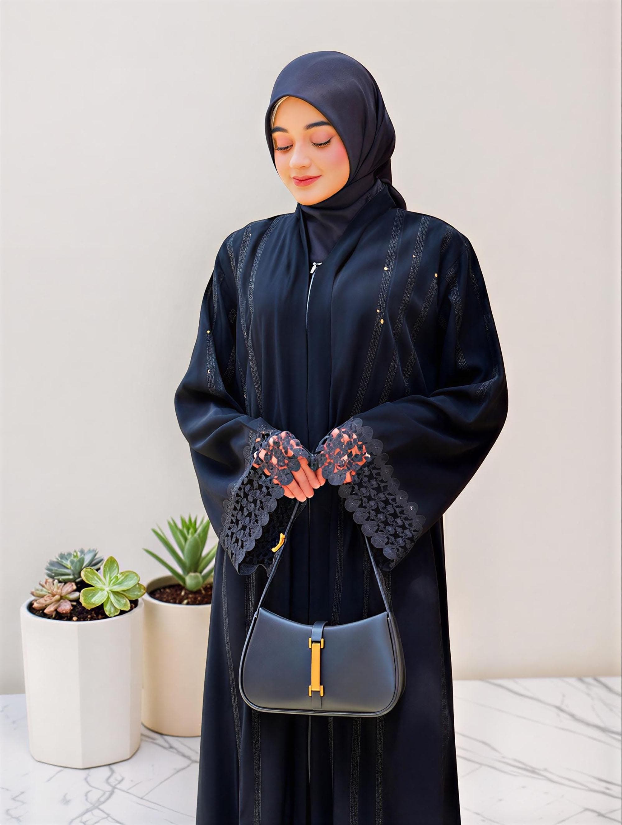 Elegant Jetblack Abaya Dress – Lace Sleeves, Rhinestone Embellishment, Dubai Style Kaftan - image 5
