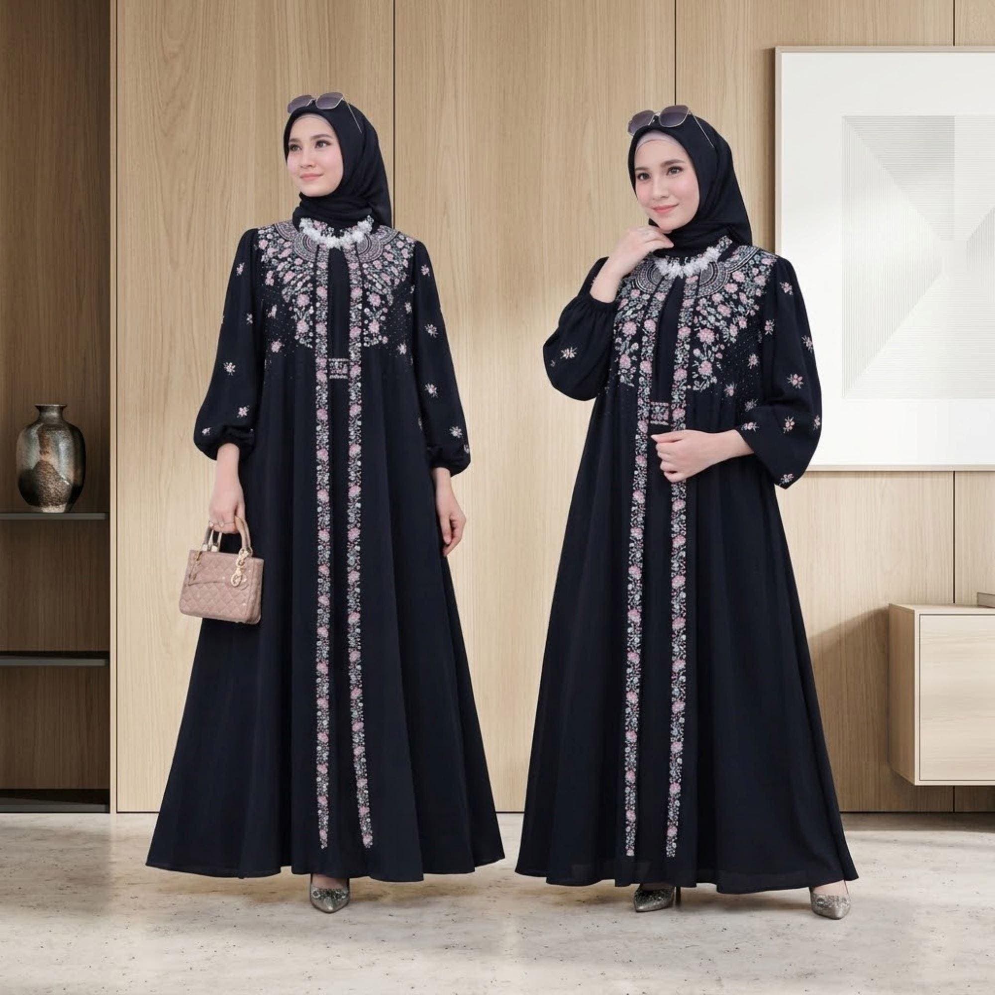 Embroidered Muslim Dress – Ceruty Babydoll Abaya, Floral Eid Outfit