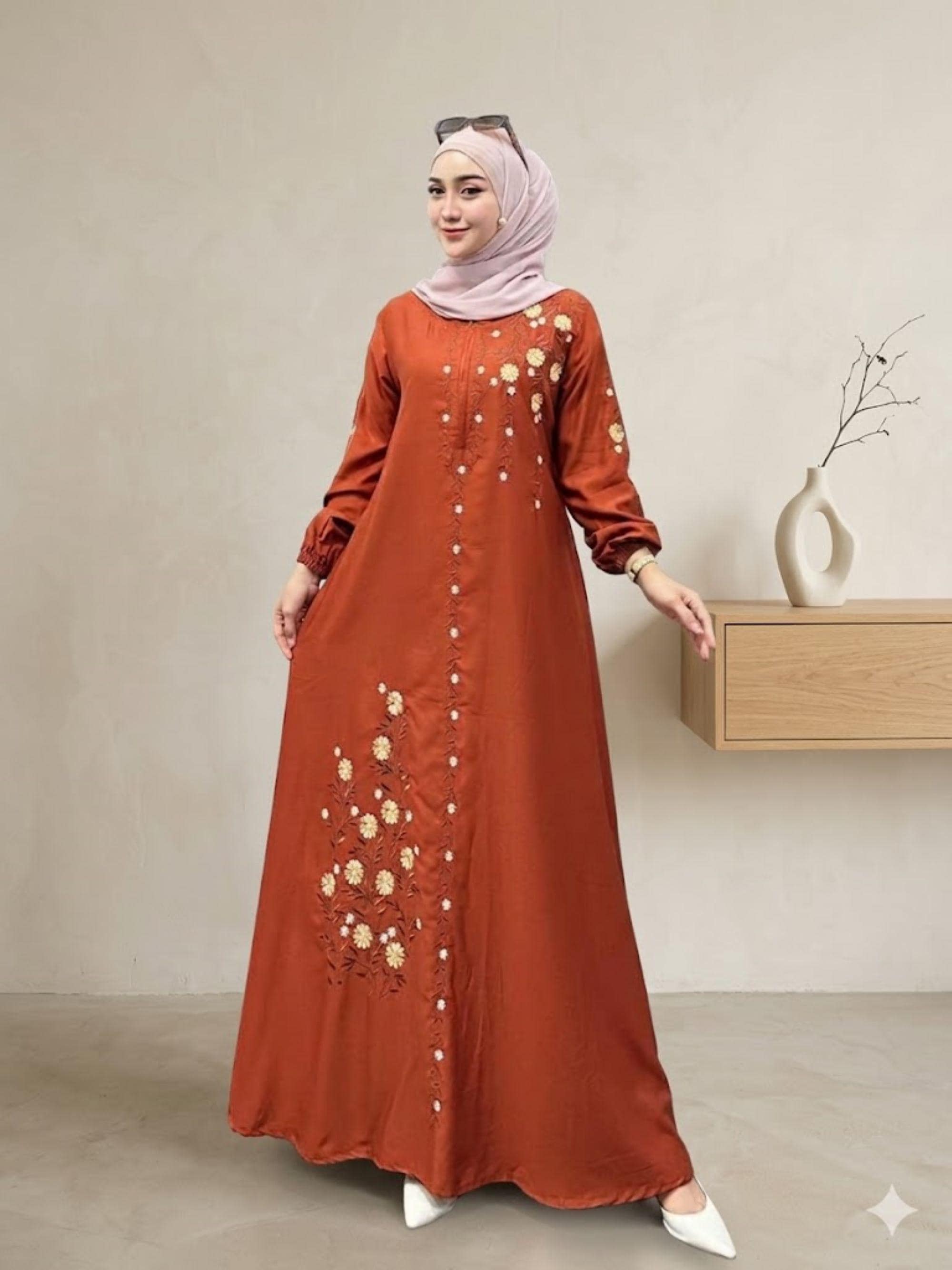 Embroidered Twill Kaftan Dress – Modest Floral Maxi Abaya, Nursing Friendly Boho Gamis - image 4