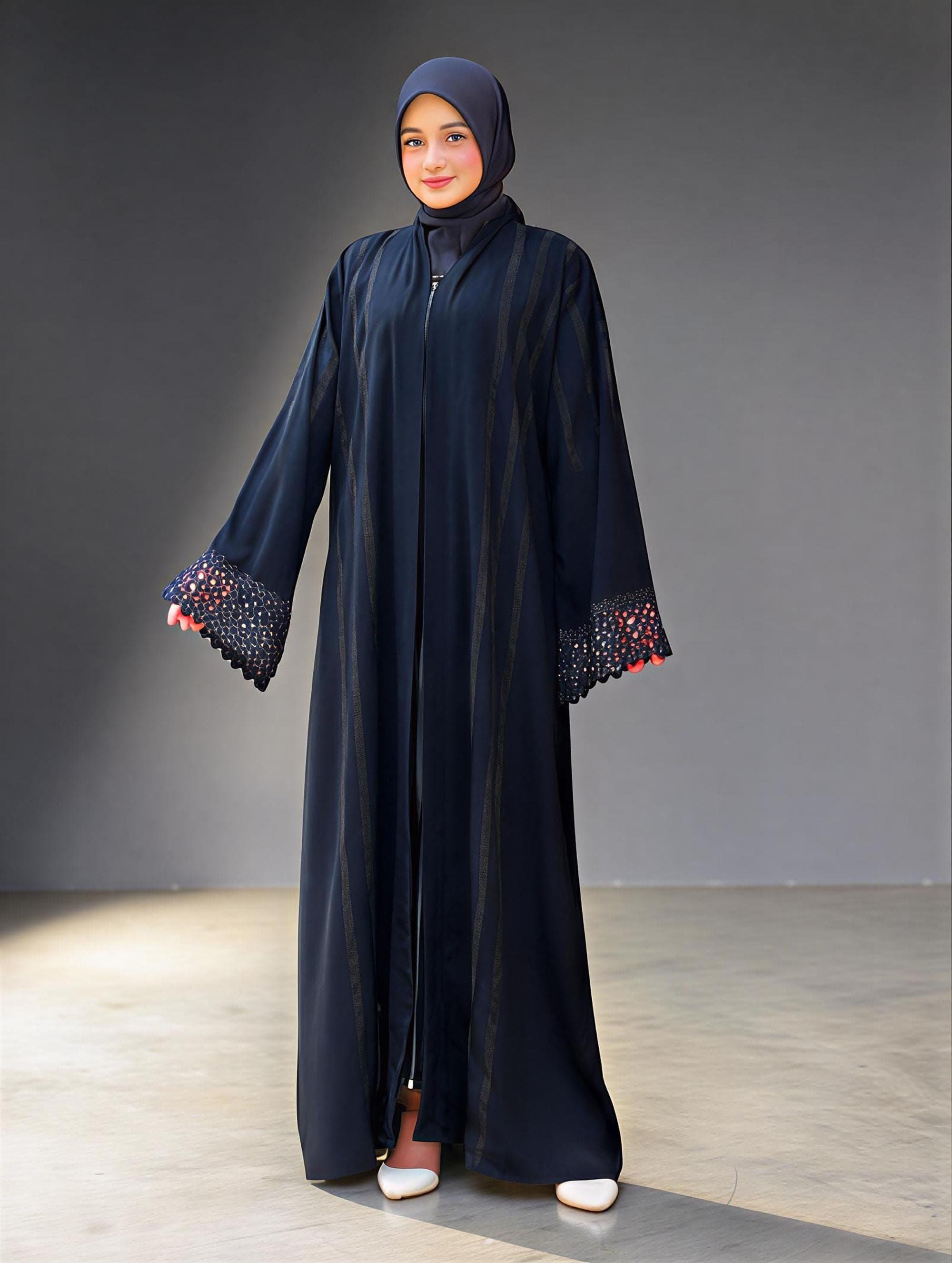 Elegant Jetblack Abaya Dress – Lace Sleeves, Rhinestone Embellishment, Dubai Style Kaftan - image 3