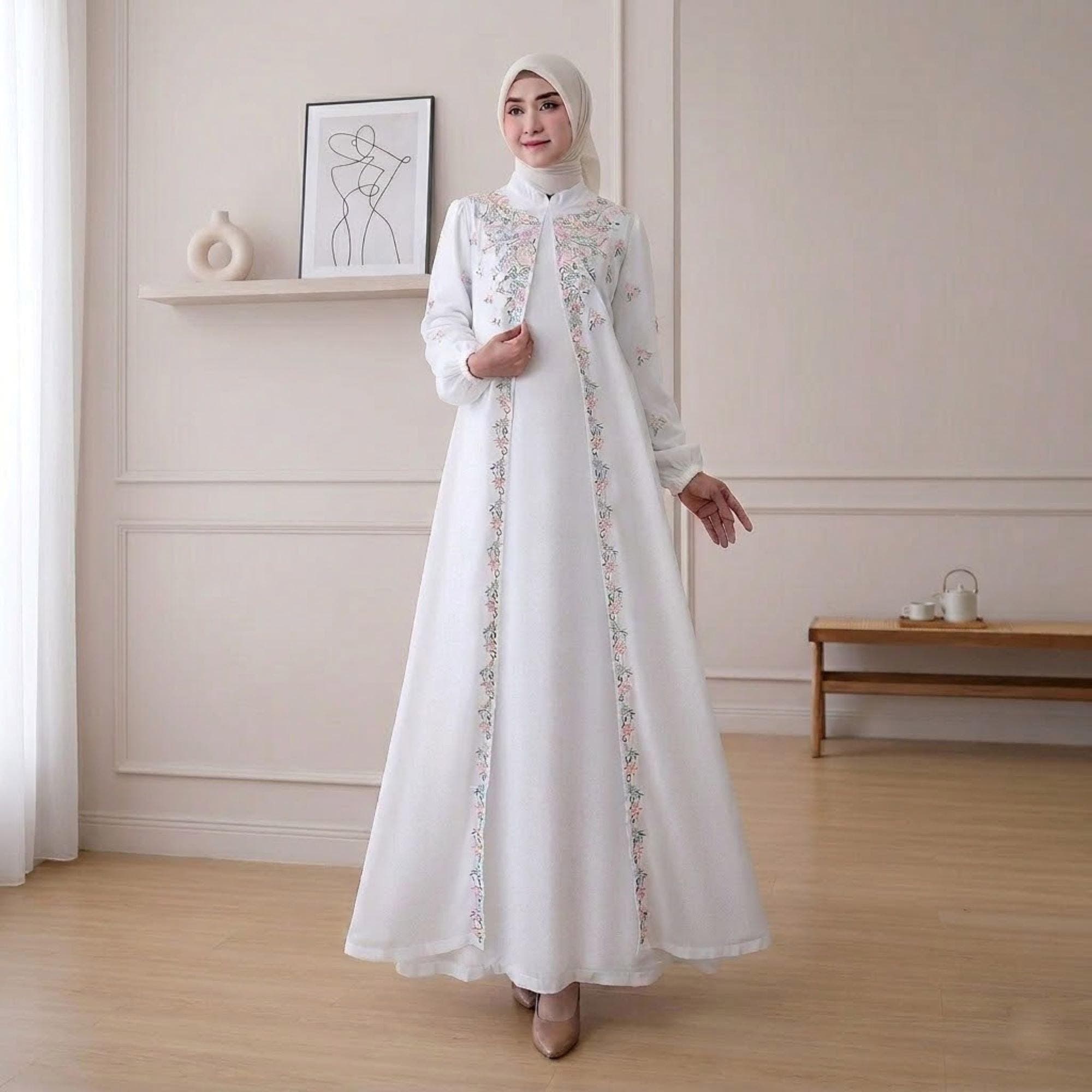 Embroidered Abaya Dress -  Elegant White Muslimah Gown,  Luxury Flower Embroidery Kaftan