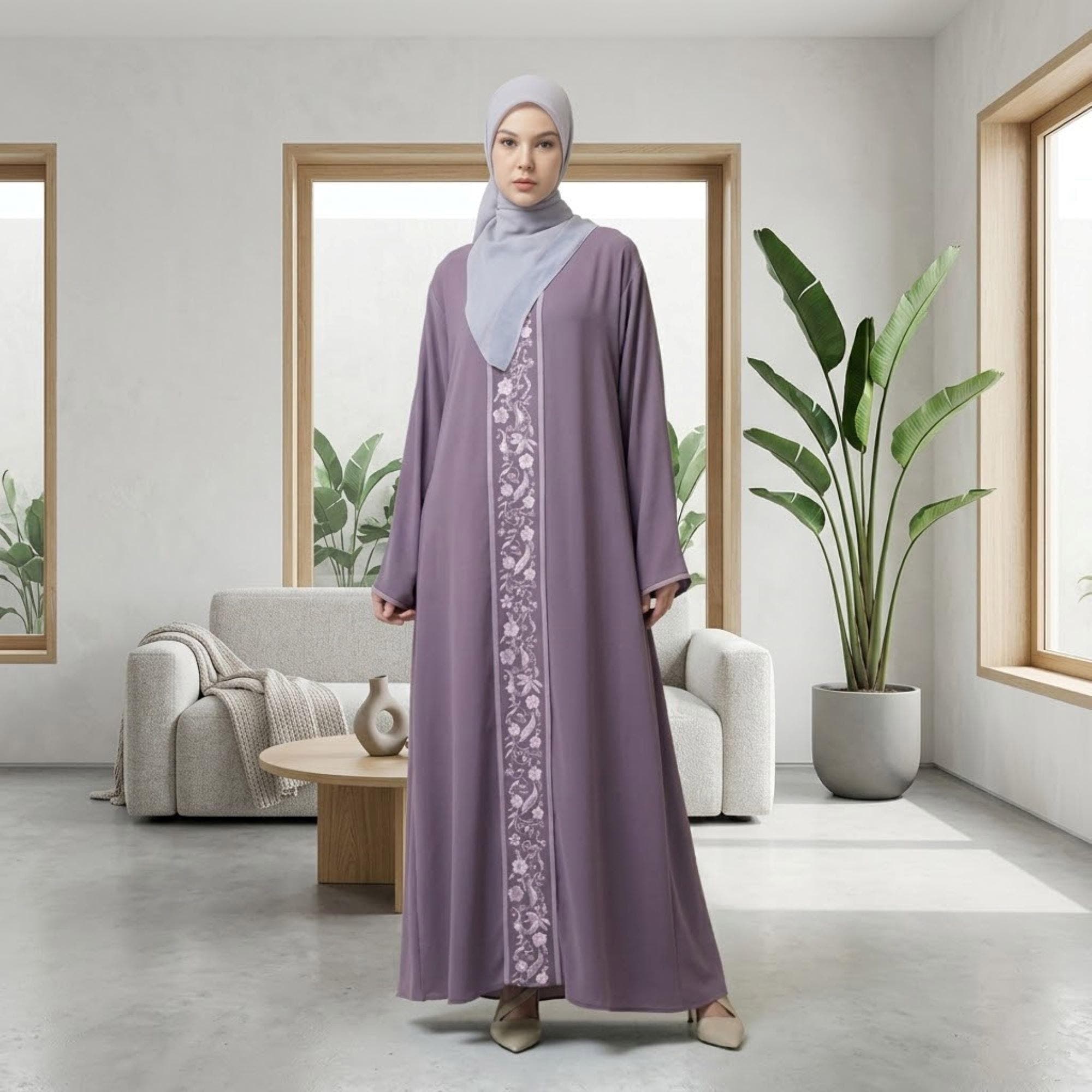 Elegant Abaya Dress – Gold Embroidery, UV-Resistant Modest Gown for Women