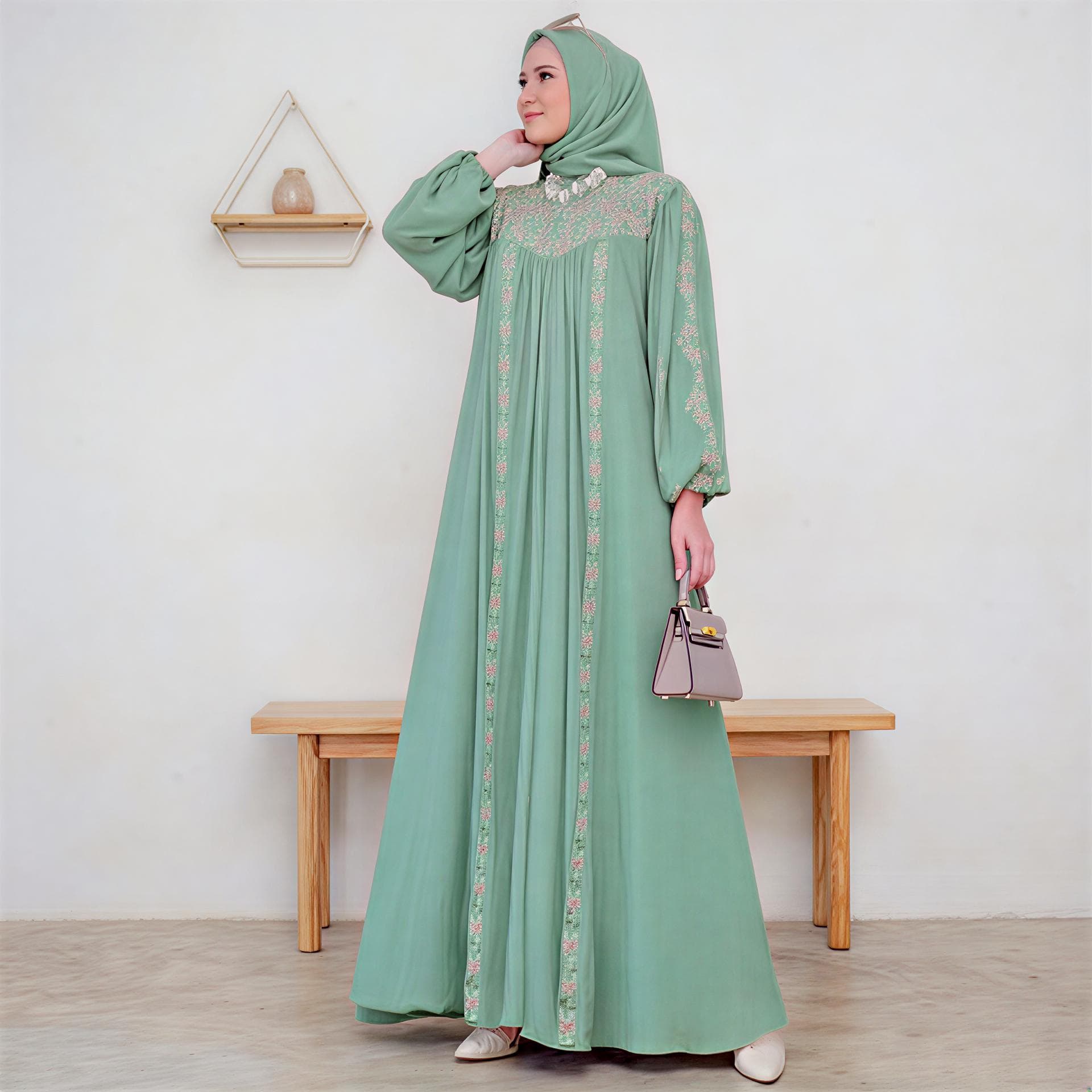 Embroidered Maxi Abaya Dress – Ceruty Babydoll, Modest Kaftan, Boho Muslim Style