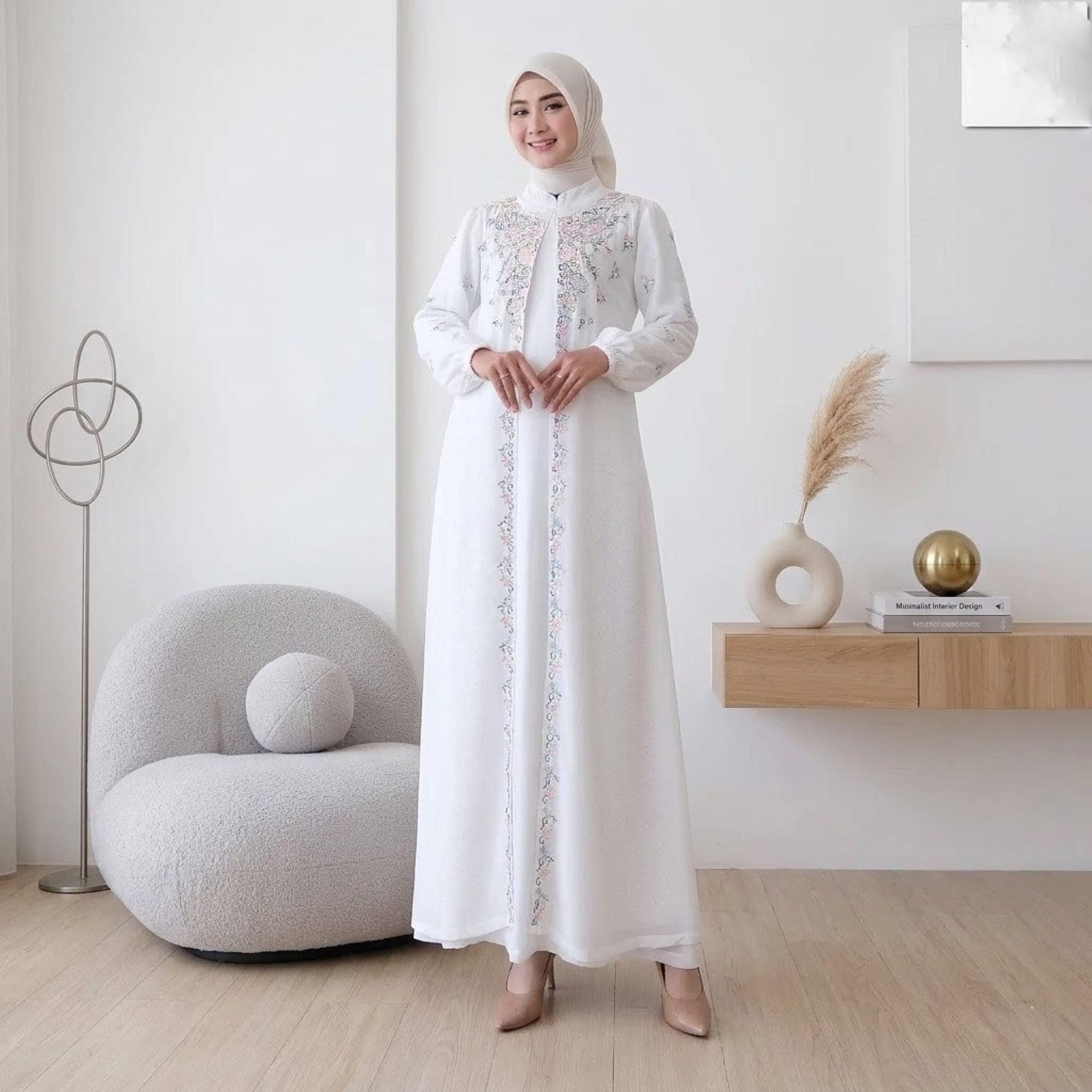 Embroidered Abaya Dress - Elegant White Muslimah Gown, Luxury Flower Embroidery Kaftan - image 3