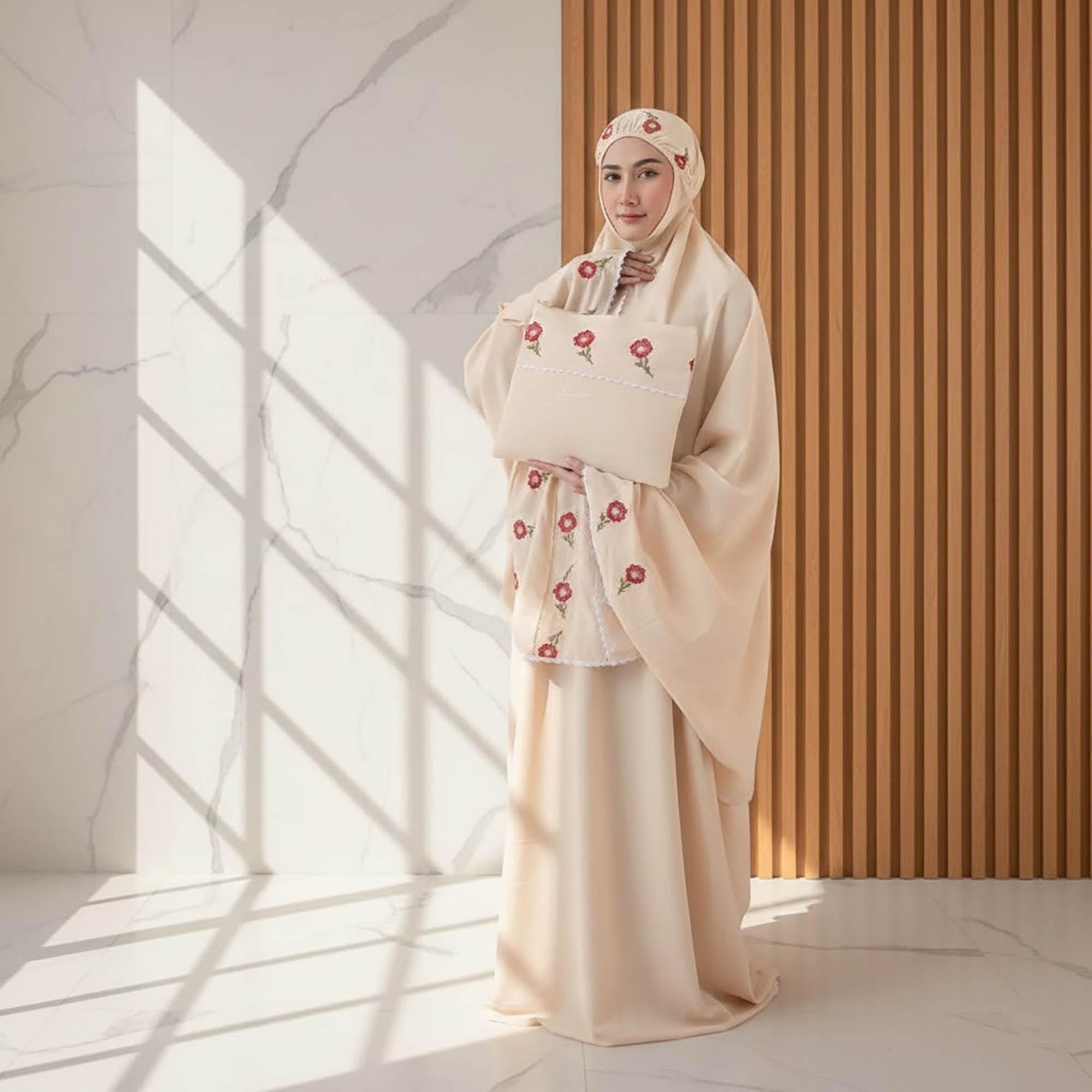 Rose Embroidered Cotton Mukena Set | Muslim Prayer Abaya with Tote Bag - image 4