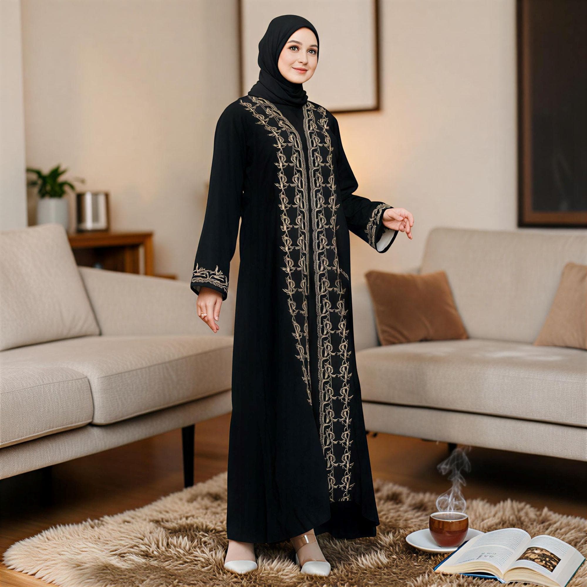 Embroidered Jetblack Abaya, Turkey Style Dubai Kaftan, Modest Islamic Dress
