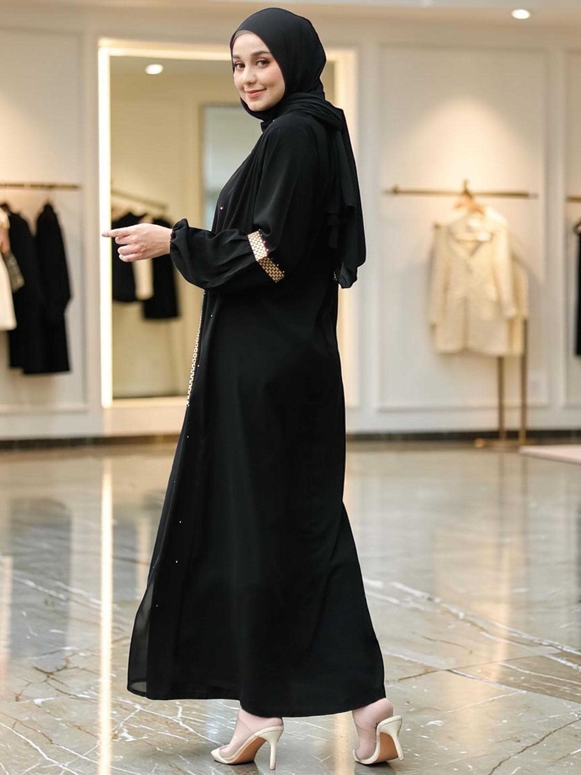 Black Abaya Dress – Saudi Style, Front Zipper, Islamic Kaftan Wear - image 4