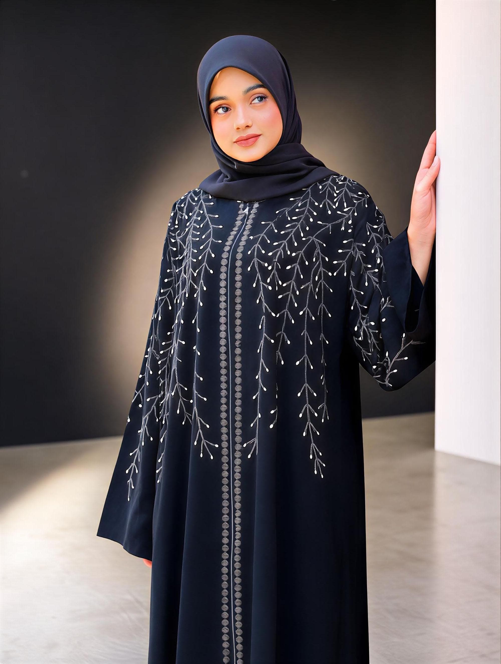 Jetblack Abaya with Beads – Hand-Stitched Turkish Dubai Kaftan Evening Gown - image 4