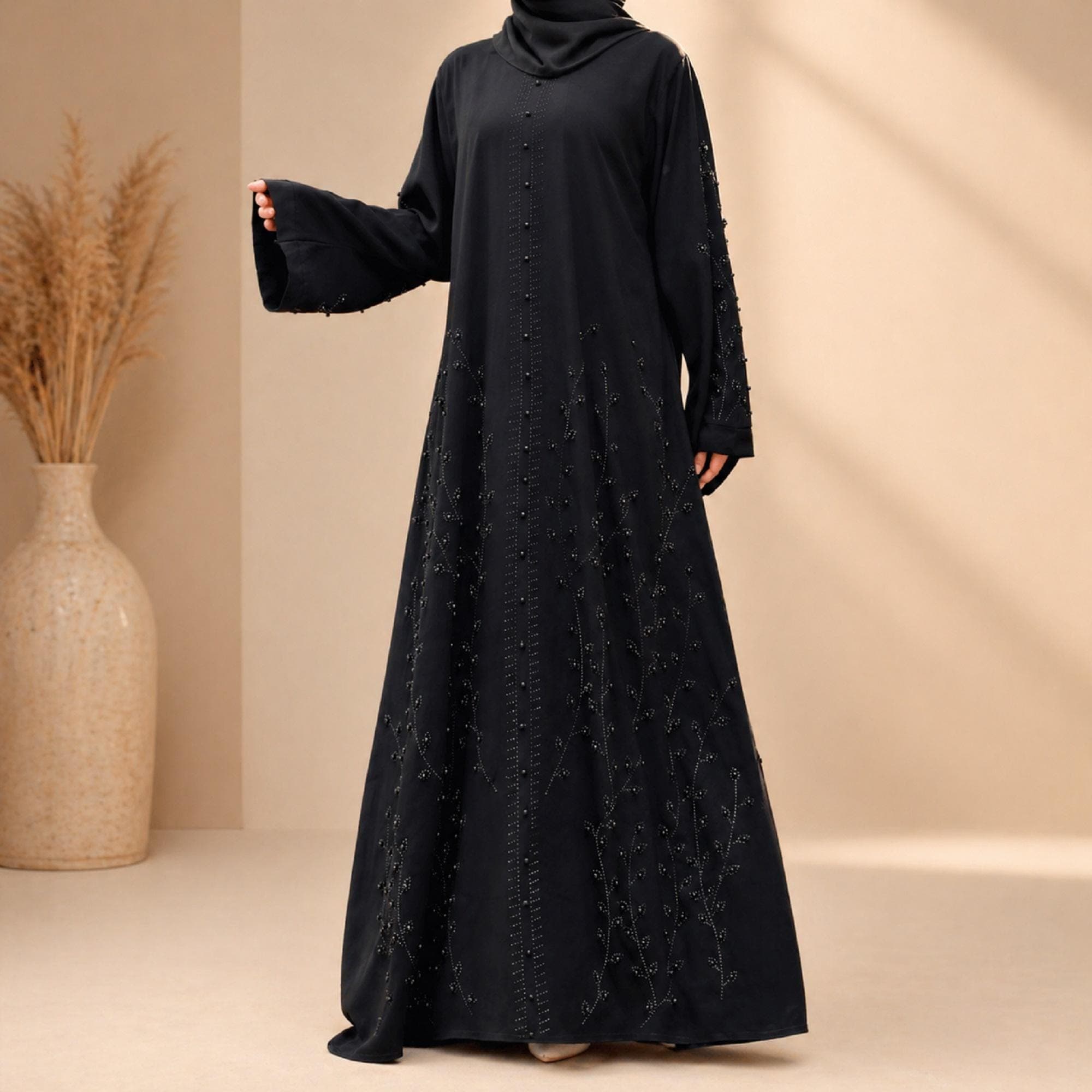 Black Turkish Abaya Dress with Beaded Embellishments – Modest Maxi Style - image 4