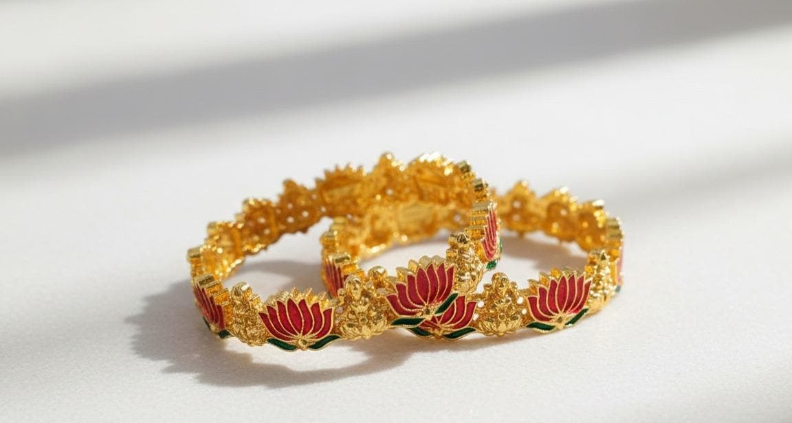 Red Green Lotus Bangle Pair | Meenakari Plated Indian Jewelry