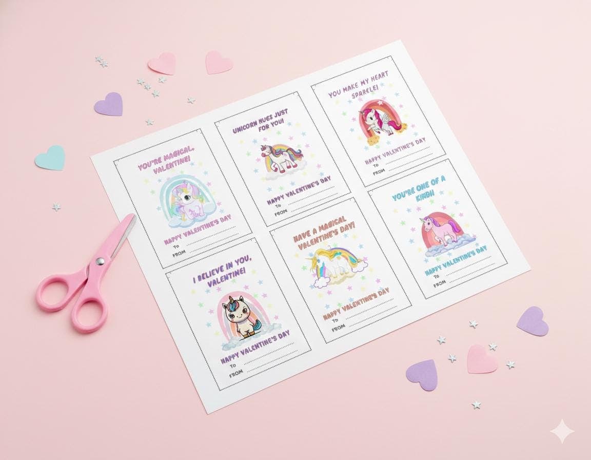 Unicorn Valentine Cards | Kids Classroom Printable (PDF Bundle + zip file)
