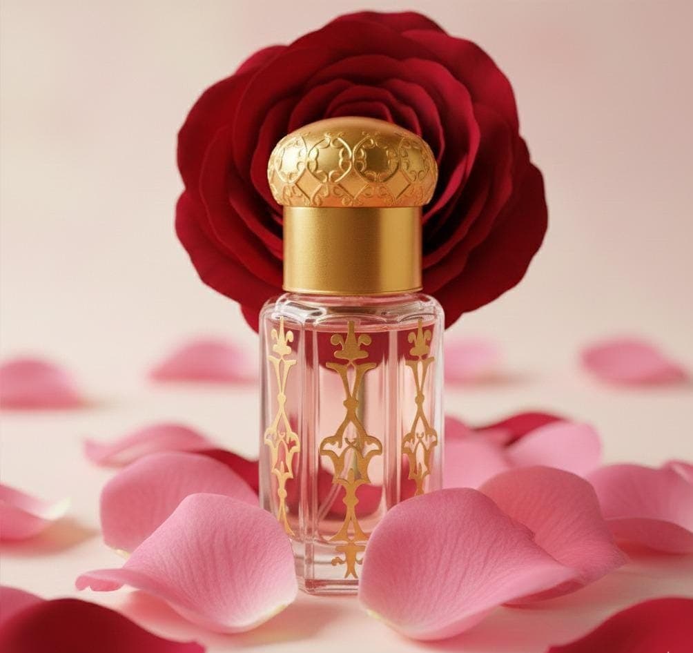 Fresh rose petals with Ruh Gulab attar bottle, natural rose perfume oil, botanical floral fragrance, pure Indian attar