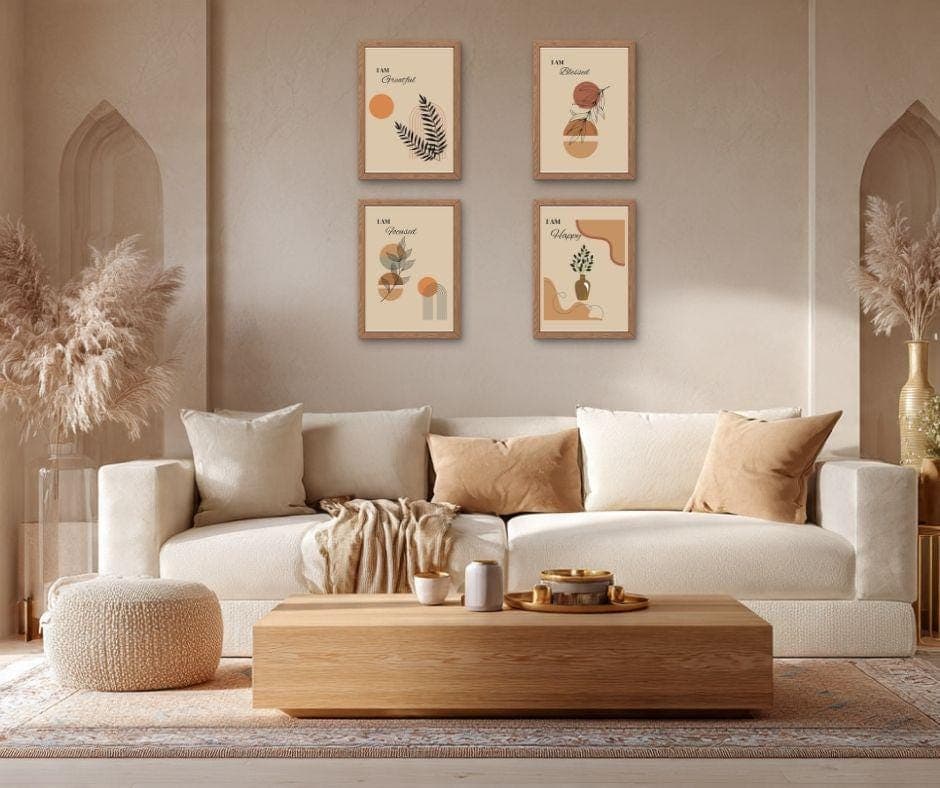 Boho Botanical Print Set, Beige Scandinavian Gallery Wall Art (Digital Zip File Download)