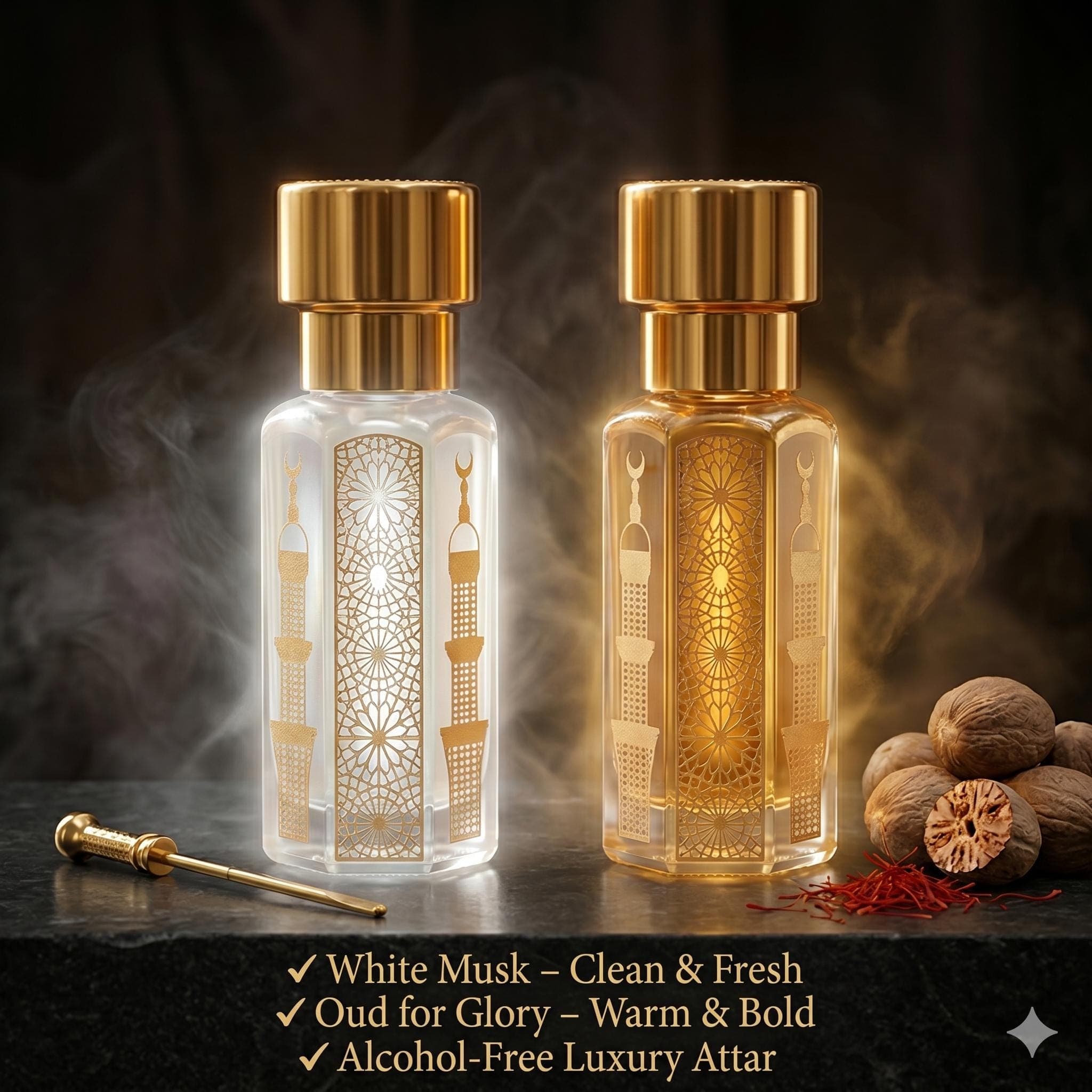 White Musk & Oud for Glory Attar Combo Set | Clean Fresh Musk + Saffron Oud Perfume Oil | Long Lasting Alcohol-Free Halal Fragrance Gift Set