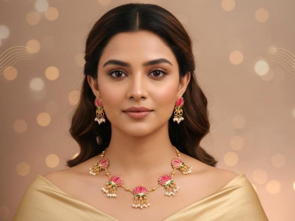 Women Lotus Necklace and Earrings Traditional Jewellery Set with Matching Earrings Festive Wedding & Gifting