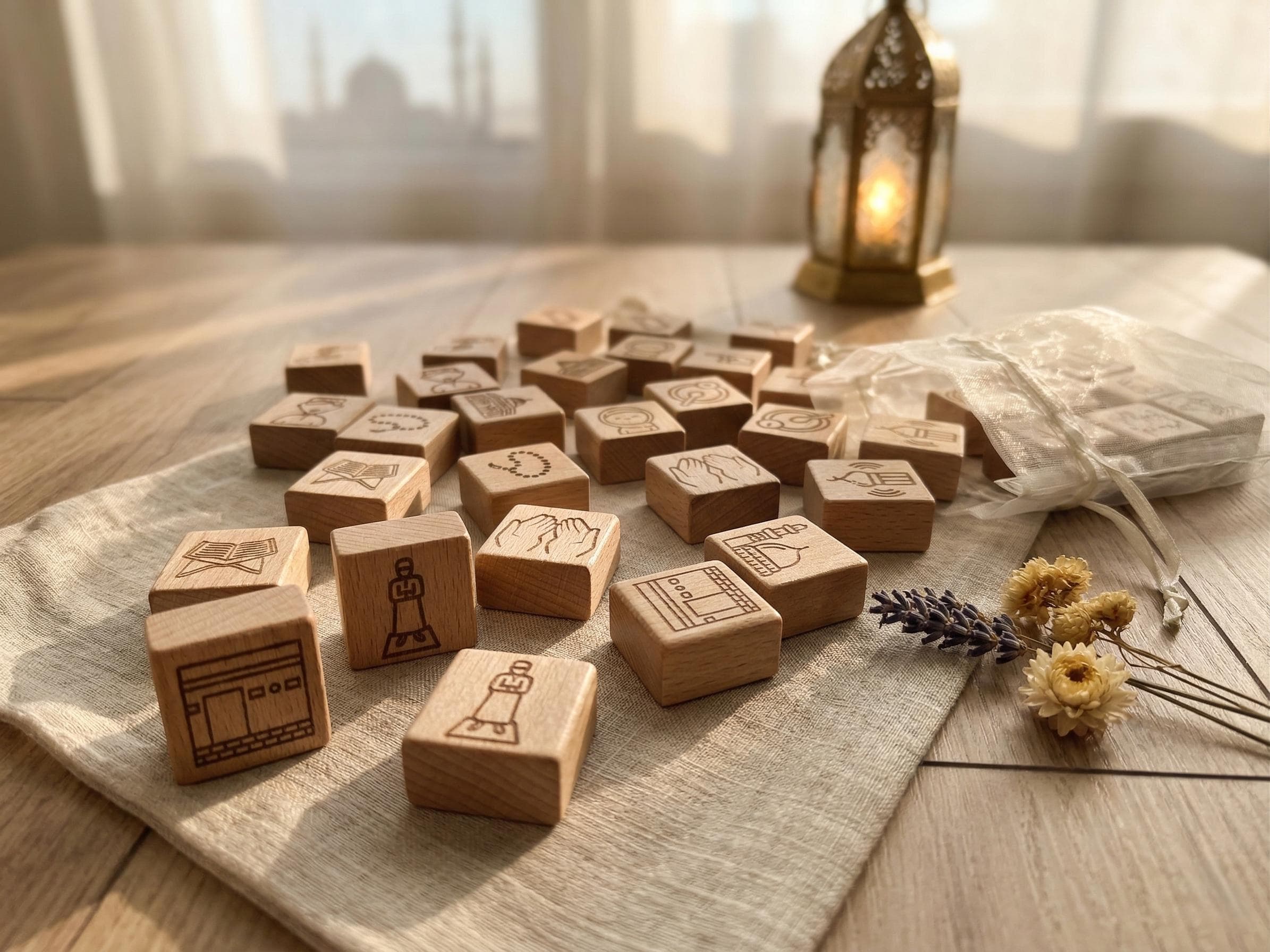Montessori Islamic Wooden Matching Game, Muslim Kids Learning Puzzle, Quran Mosque Kaaba Shapes - image 3