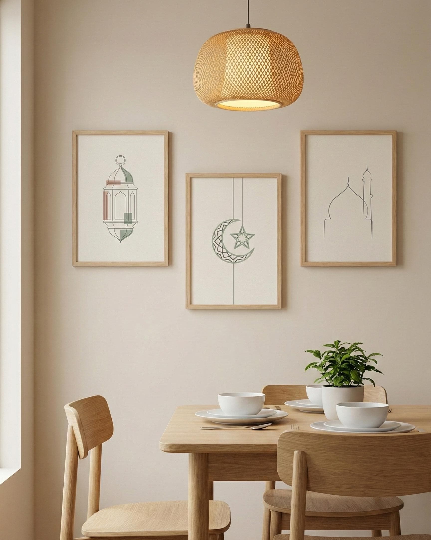 Minimalist Ramadan Art Prints | Lantern, Crescent, Mosque (Set of 3) (Digital Download)