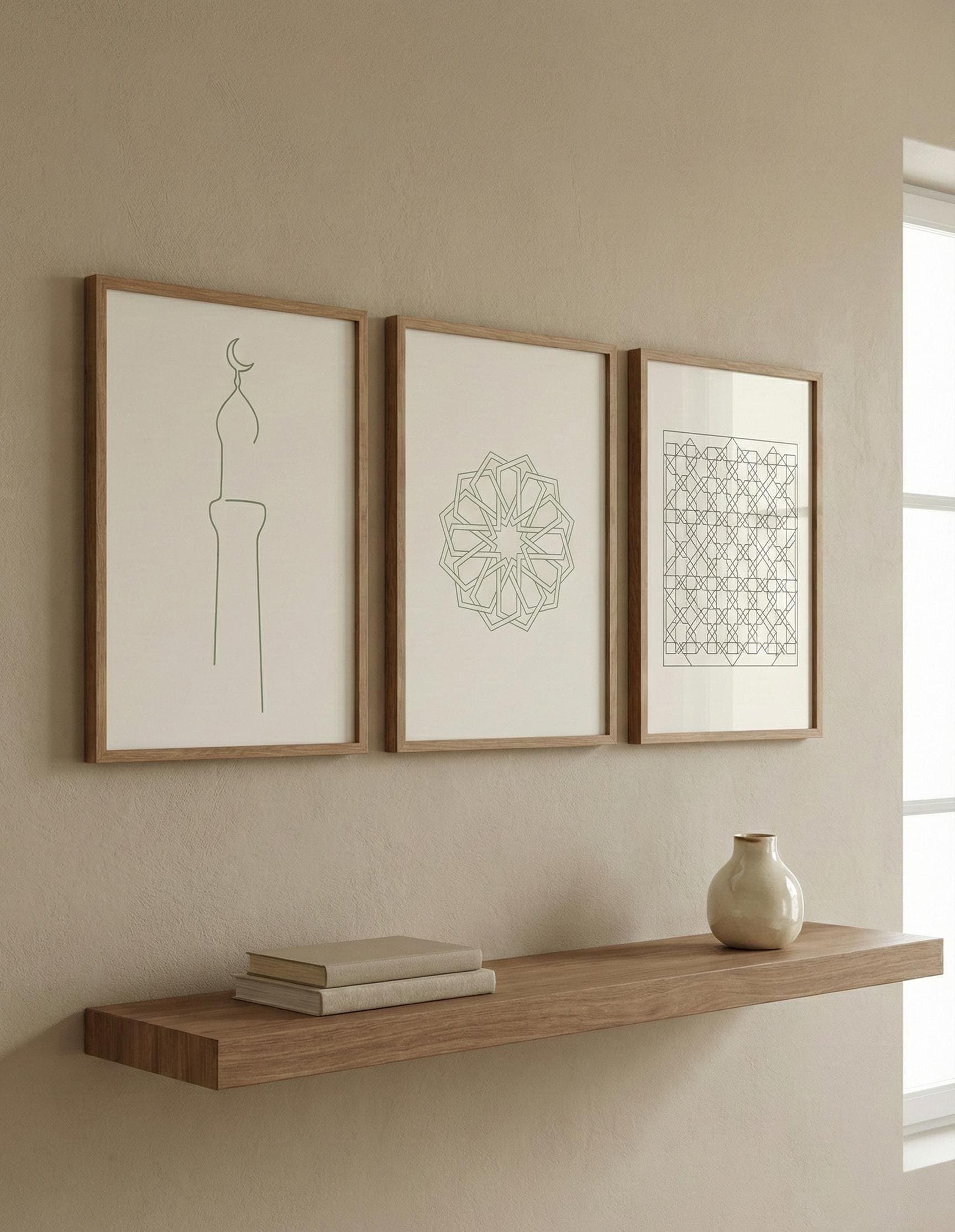 Set of 3 | Islamic Craft & Structure Wall Art | Mashrabiya Minaret Timurid Geometry | Minimal Islamic Decor