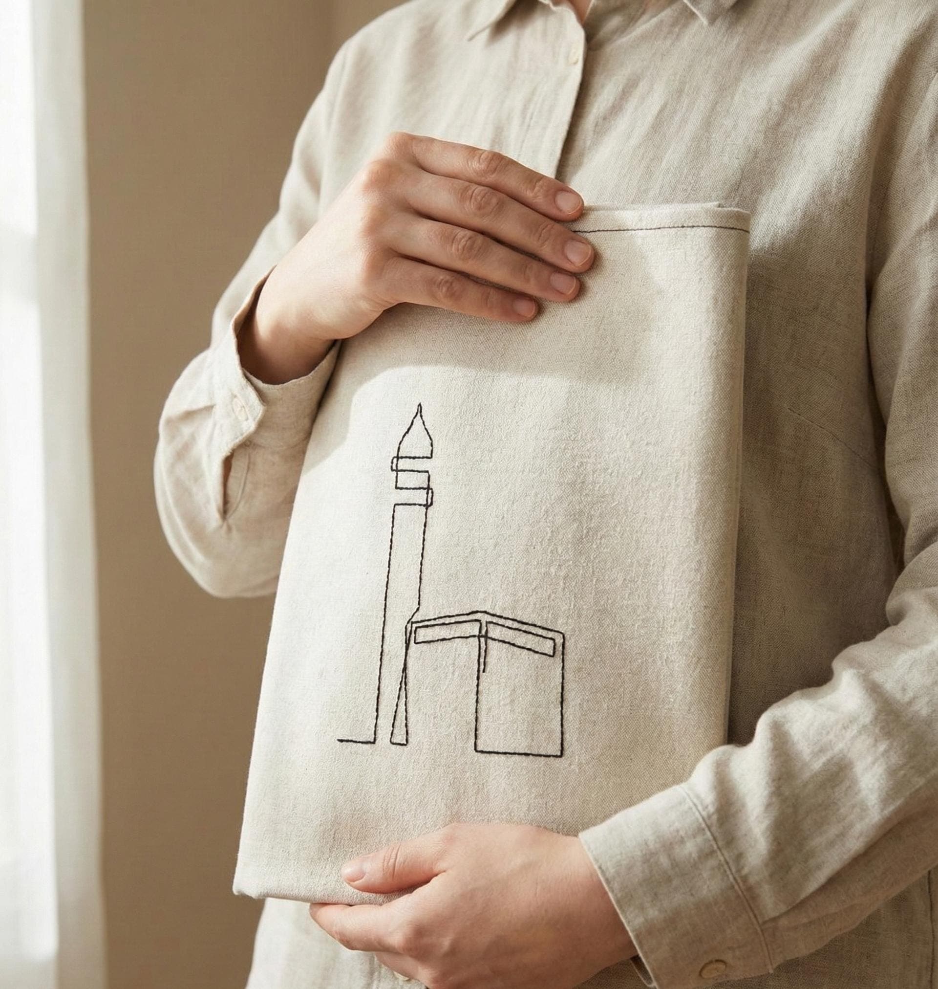 Minimalist Linen Prayer Mat – Kaaba Minaret Embroidery, Islamic Gift